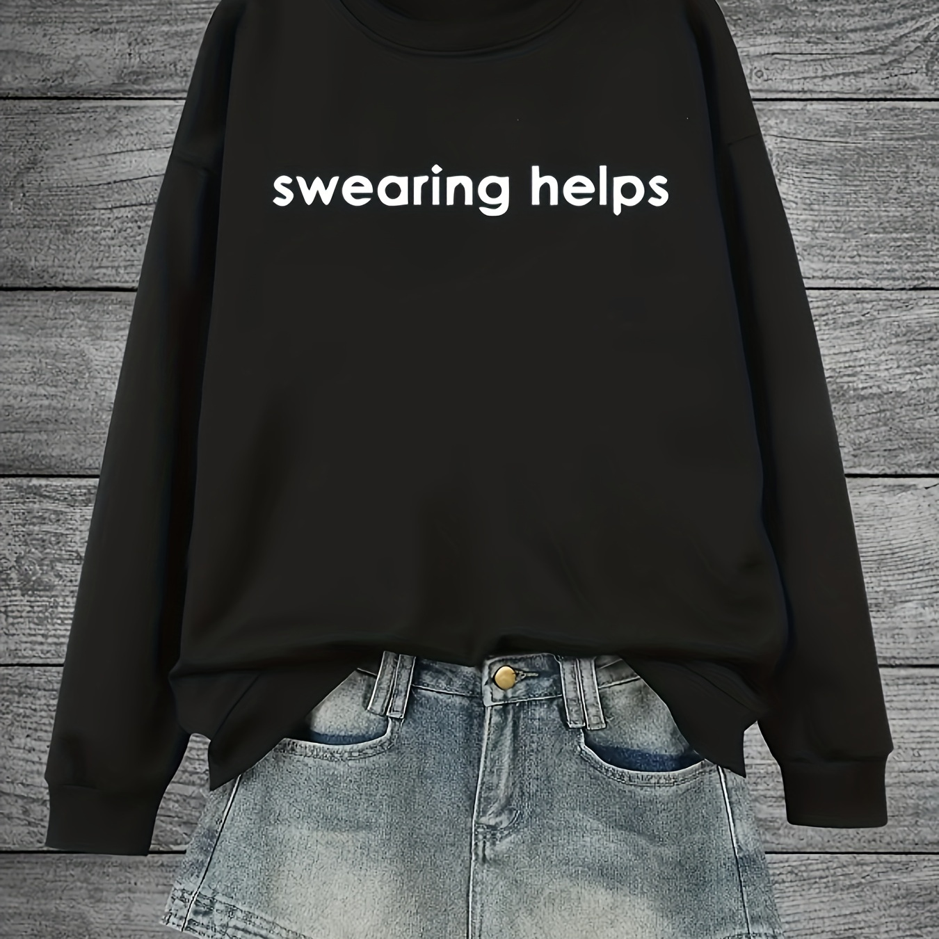 

Plus Size Swearing Help Print Sweatshirt, Casual Long Sleeve Crew Neck Pullover Sweatshirt, Women's Plus Size Clothing
