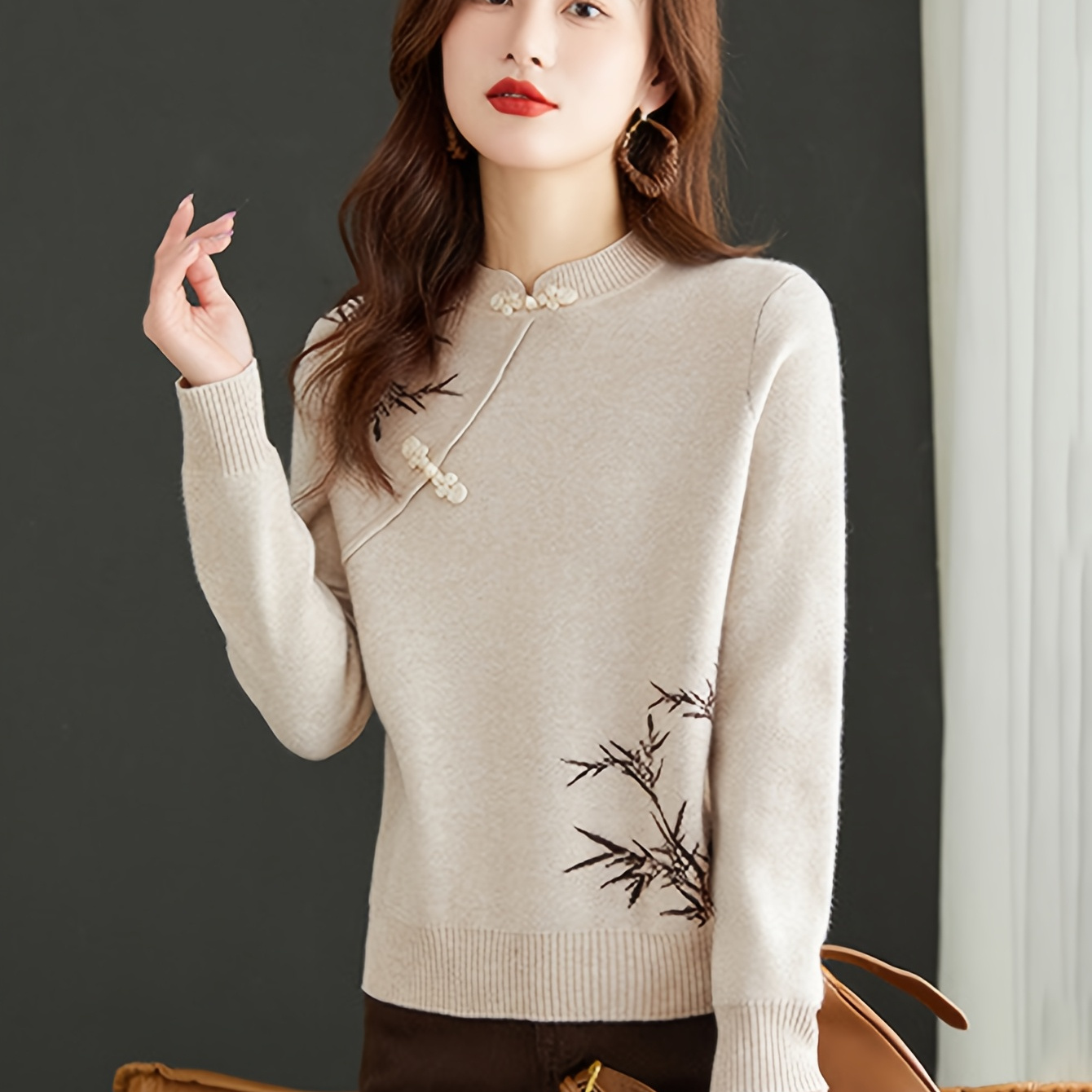 

Women' Color Mock Neck Sweater With Frog Button Design, Vintage Chinese Style Knit Top, Viscose Polyester - Hand Wash Or , Small Collar, Classic