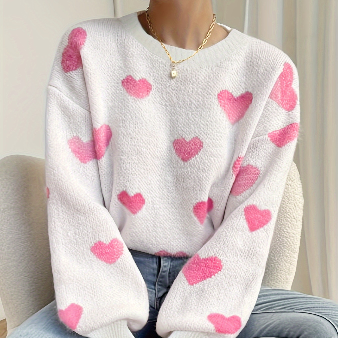 

Pull À Col Ras Du Cou À Motif Cœur Pour La Saint-valentin, Pull Décontracté À Manches Longues Et Épaules Tombantes, Vêtements Pour Femmes