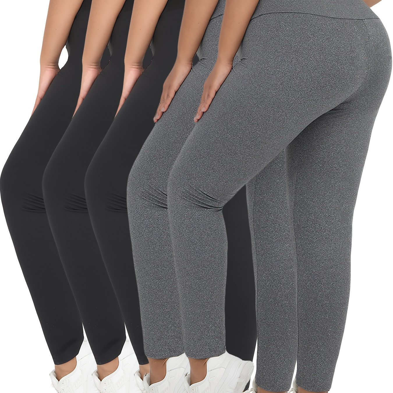 

5 Pack Plus Size Sports Leggings Set, Women's Plus Solid Wide Waistband Tummy Control Soft Yoga Workout Pants 5pcs Set Spring/autumn