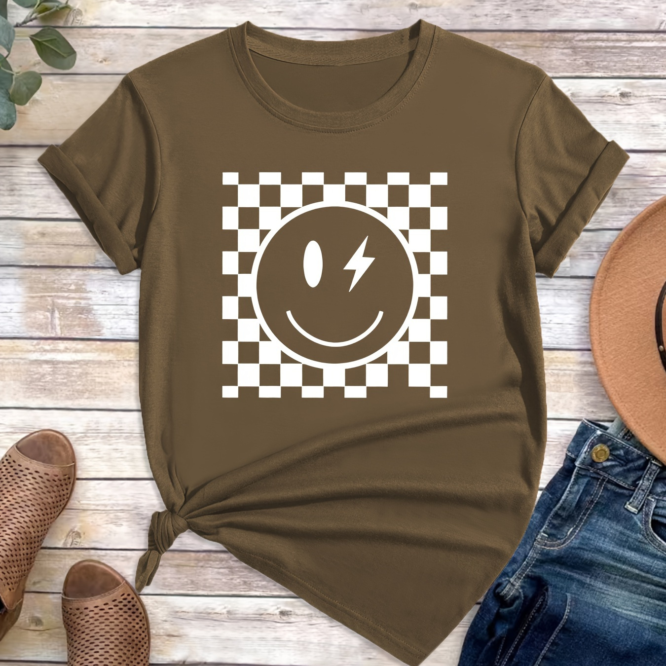 

Smiling Face & Checkerboard Print Casual T-shirt, Crew Neck Short Sleeves Sports Tee, Women's Comfy Tops