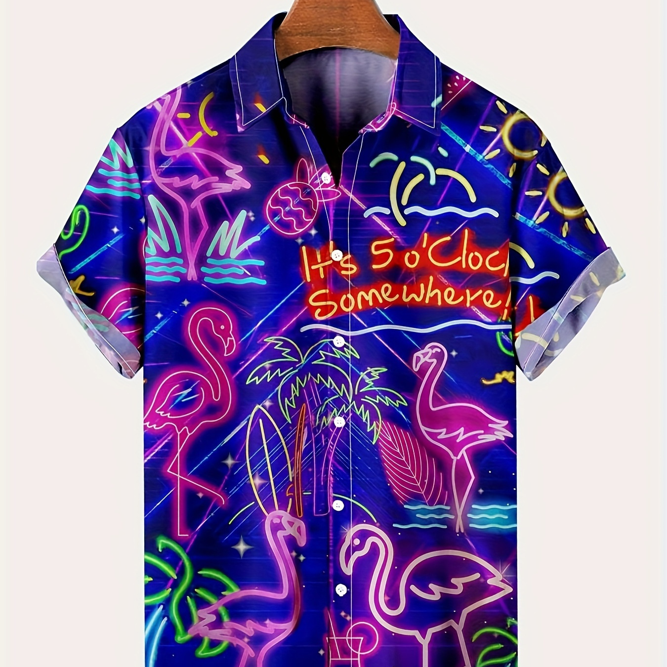 

Plus Size Men's Flamingo Fluorescent Pattern Graphic Print Shirt For Summer, Trendy Casual Short Sleeve Shirt
