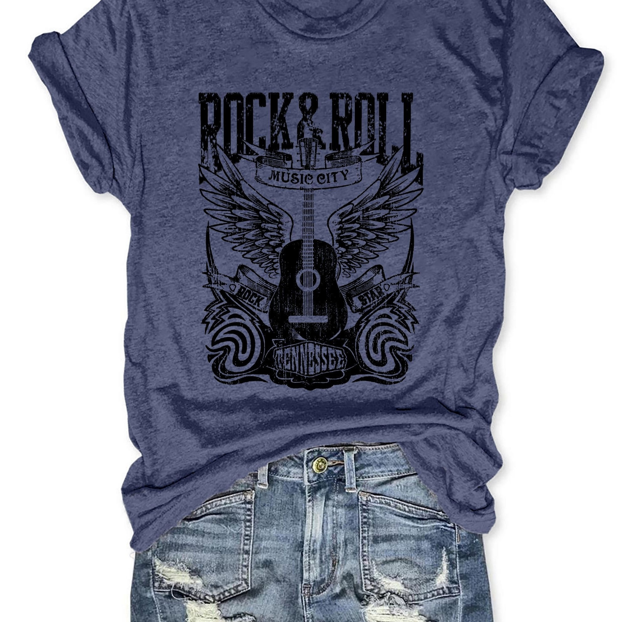 

Rock & Roll Print T-shirt, Short Sleeve Crew Neck Casual Top For Summer & Spring, Women's Clothing