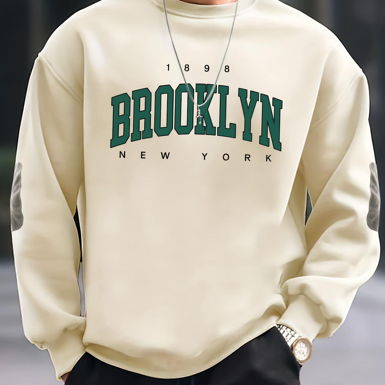 

1898 Brooklyn New York Printed Men's Trendy Round Neck Sweatshirt With Long Sleeves, Comfortable Versatile Pullover For Leisure & Workout, Best Fall And Winter Choice