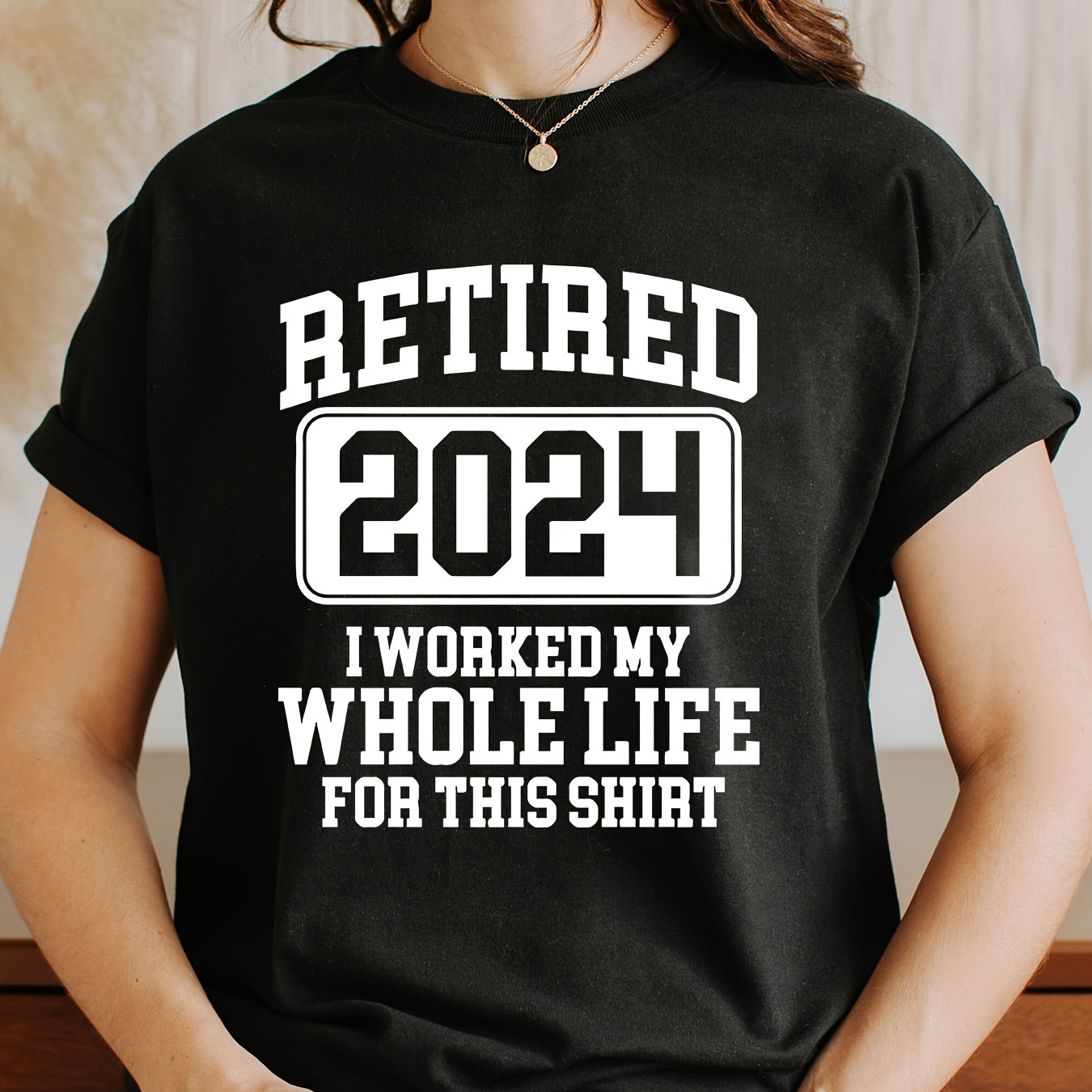 

Retired 2024 Print Crew Neck T-shirt, Short Sleeve Casual Top For Summer & Spring, Women's Clothing