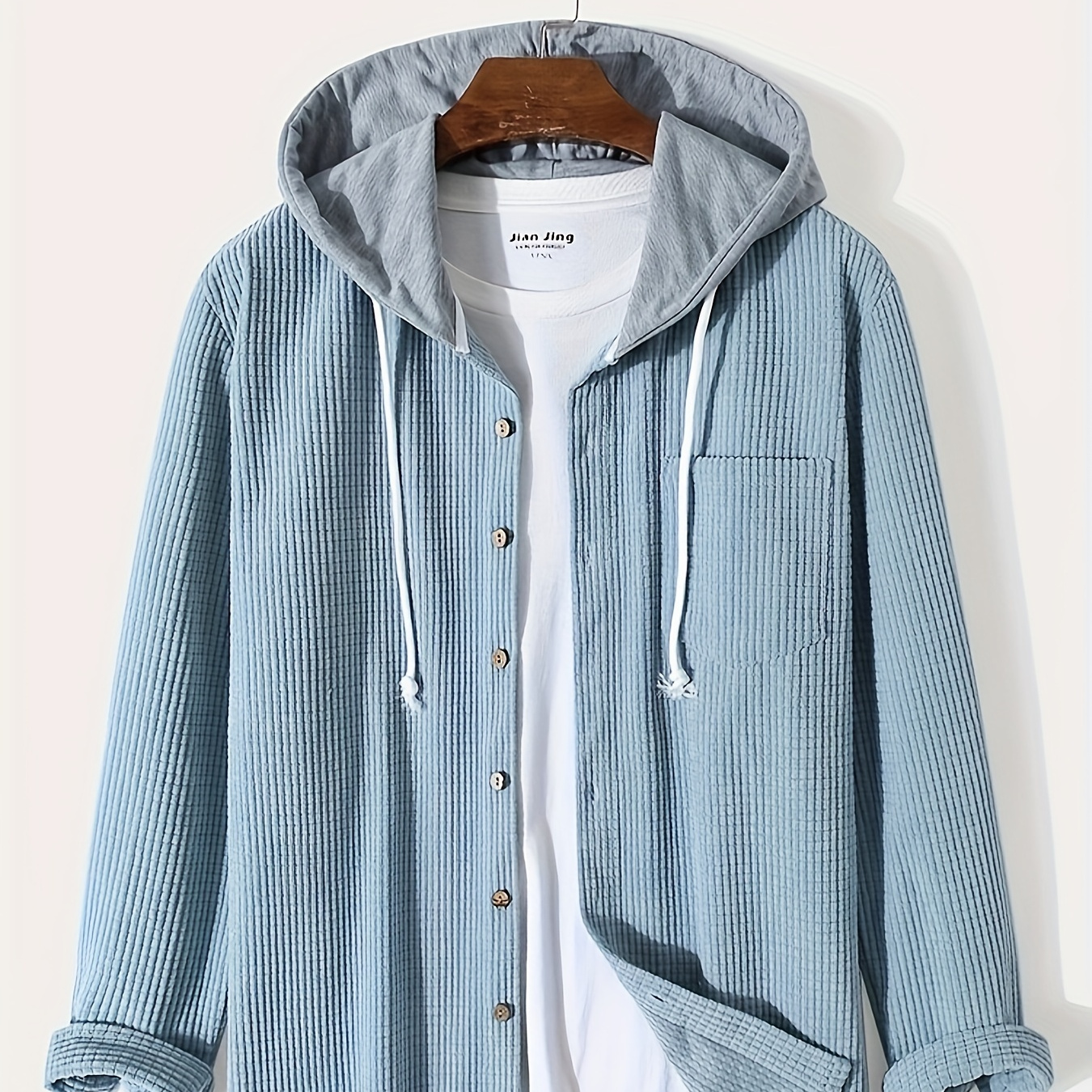 

Waffle Pattern Hoodie Shirt Coat For Men Long Sleeve Casual Regular Fit Button Up Hooded Shirts Jacket