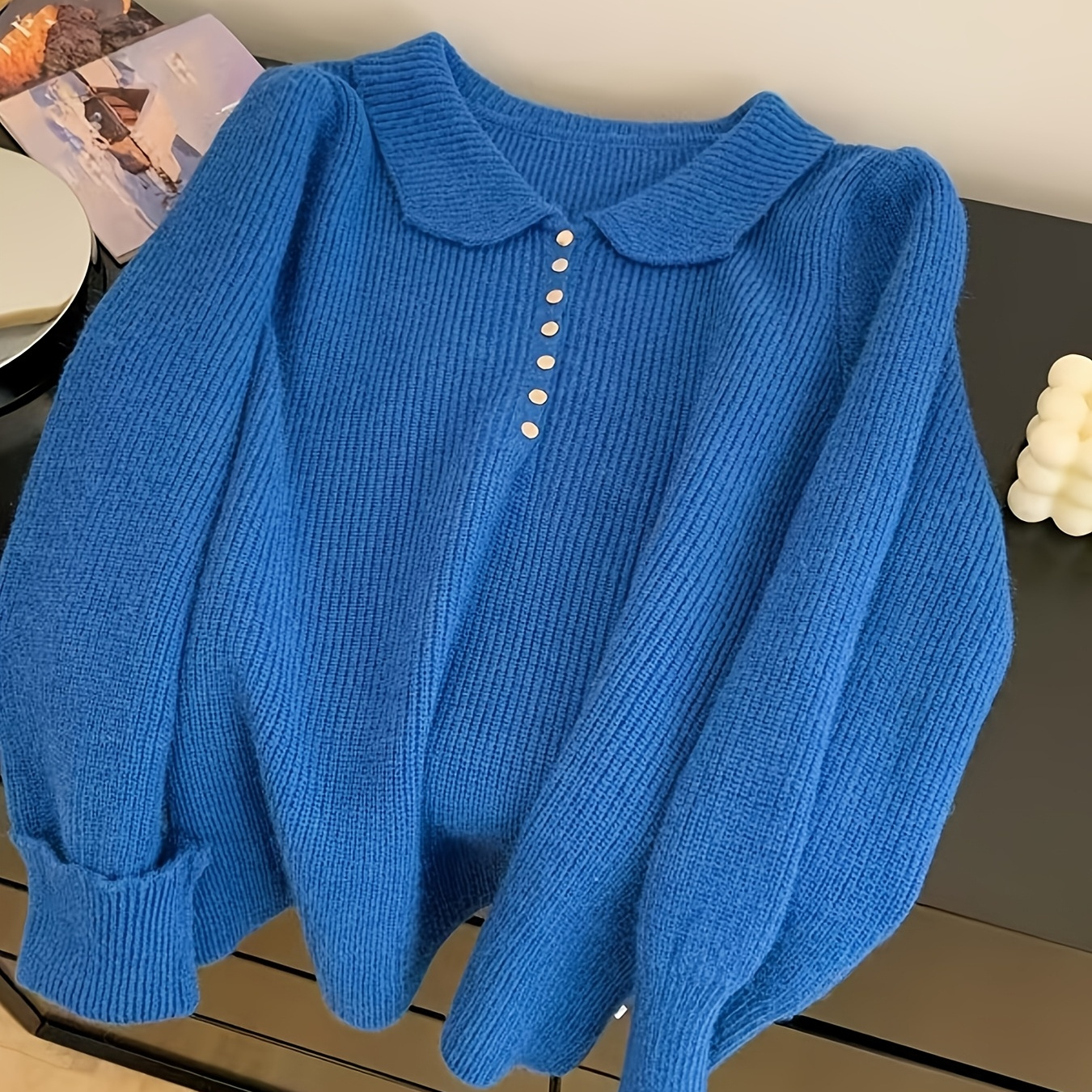 

High-end Vintage Pullover Blue Knitwear For Women Bottoming Shirt Sweater For Women Worn Outside Or Inside, Washed