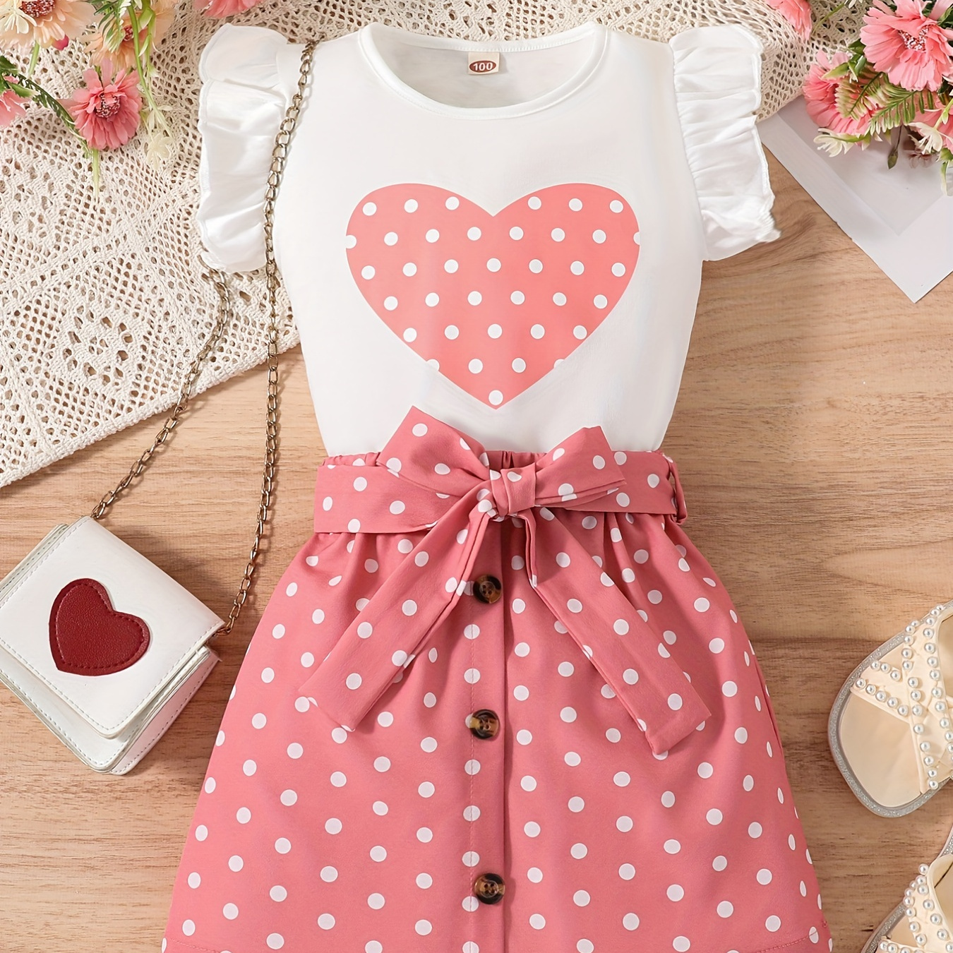 

2pcs Toddler Girls Butterfly Sleeves Polka Dot Heart Graphic Top & Button Belted Skirt Set Kids Summer Clothes