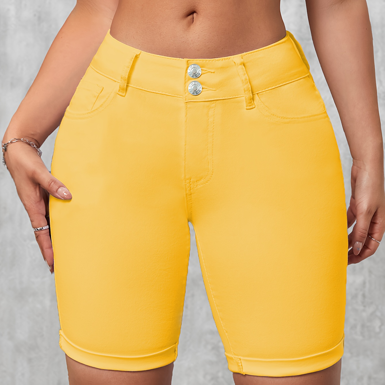 

Women's Elegant Pastel Color Yellow Double-breasted Stretchy Bermuda Knee-length Shorts, Slim Fit With Pockets For Summer Style