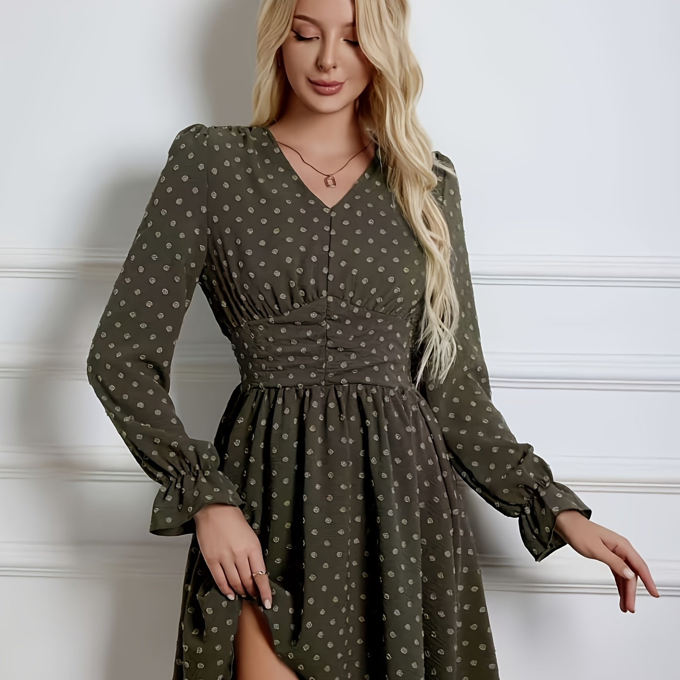 

Swiss Dot V-neck Dress, Elegant Long Sleeve Cinched Waist A-line Knee Length Dress For Spring & Fall, Women's Clothing