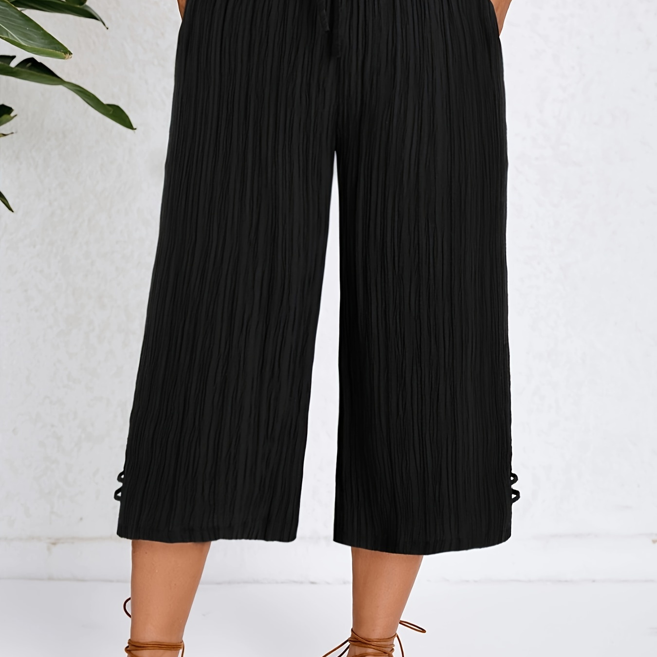 

Plus Size Solid Pleated Pants, Elegant Loose Slant Pockets Side Split Pants For , Women's Plus Size Clothing