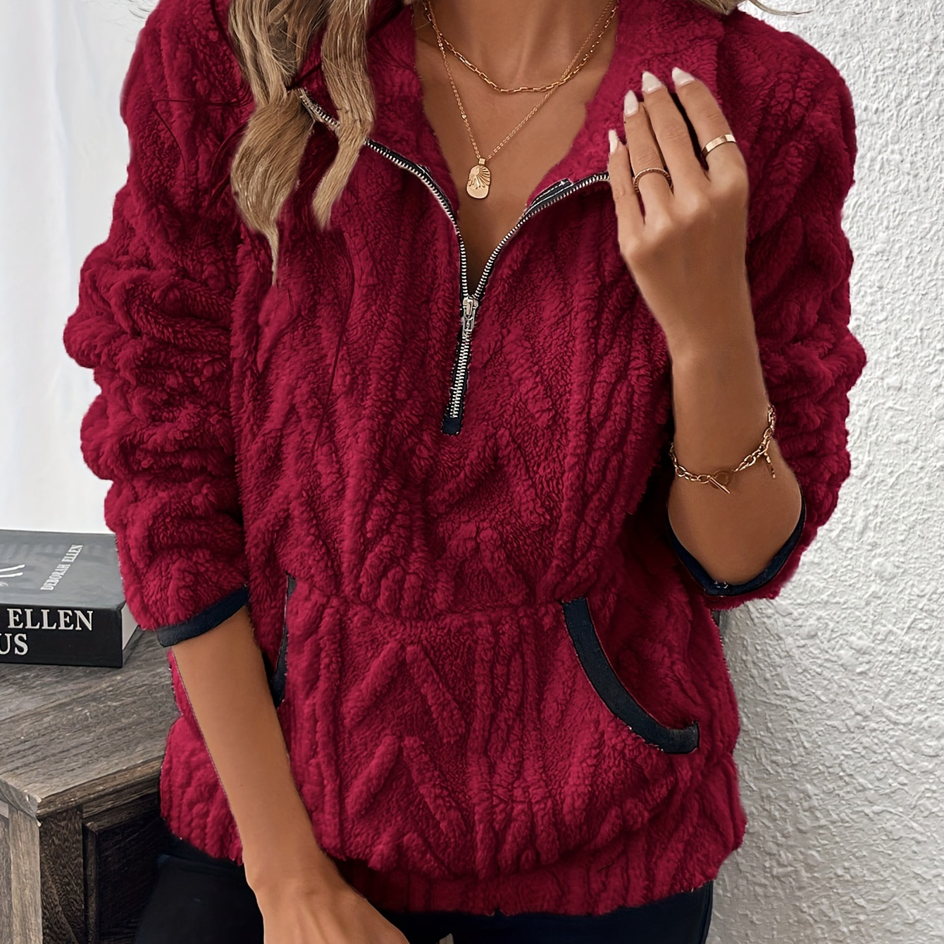 

Women' Fuzzy Sweatshirt, Polyester Knit Fabric, Solid Color, With Lapel Collar And Zipper Detail, For Comfort Pullover