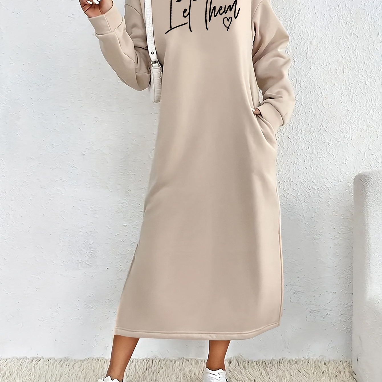 

Women's Long Hoodie Dress - Casual Letter Print, Long Sleeve, Mid-stretch Polyester , Brown With "let " Design, Machine Washable,