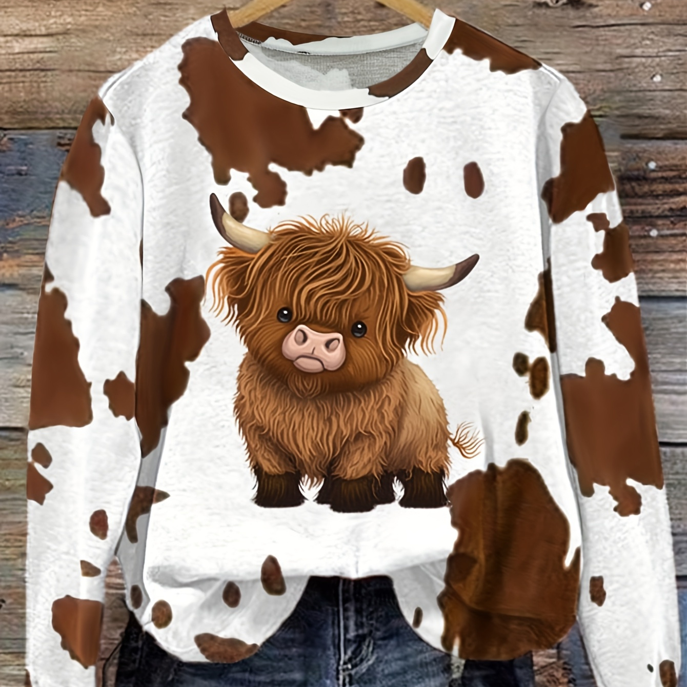 

Women's Highland Cow Print Sweatshirt - Casual Round Neck, Large Size, Polyester , Machine Washable, Fall And Winter, Comfortable Pullover| Animal Design|stretchy Fabric