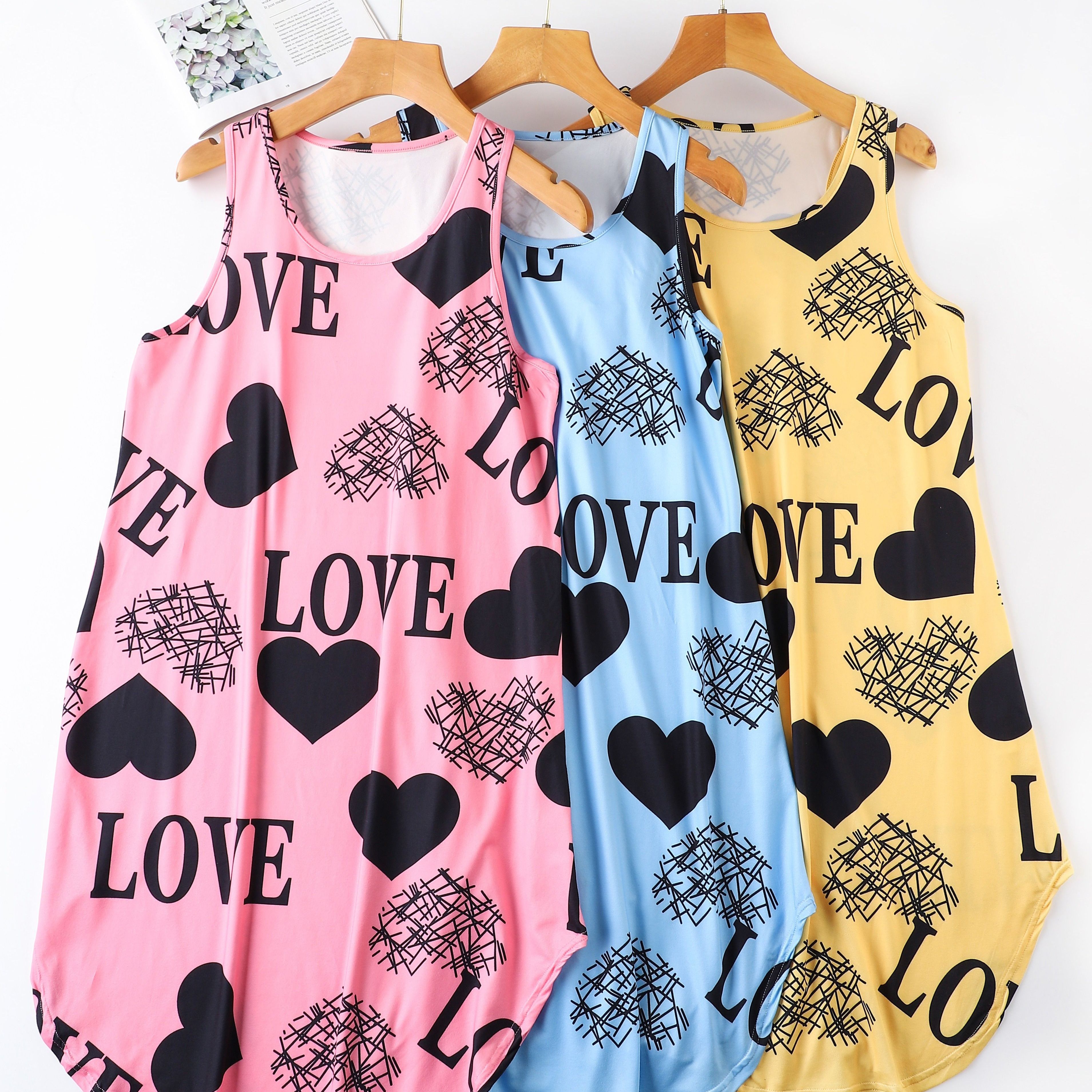 

3 Pcs Heart & Letter Print Nightgown, Casual Round Neck Racer Back Tank Dress, Women's Sleepwear