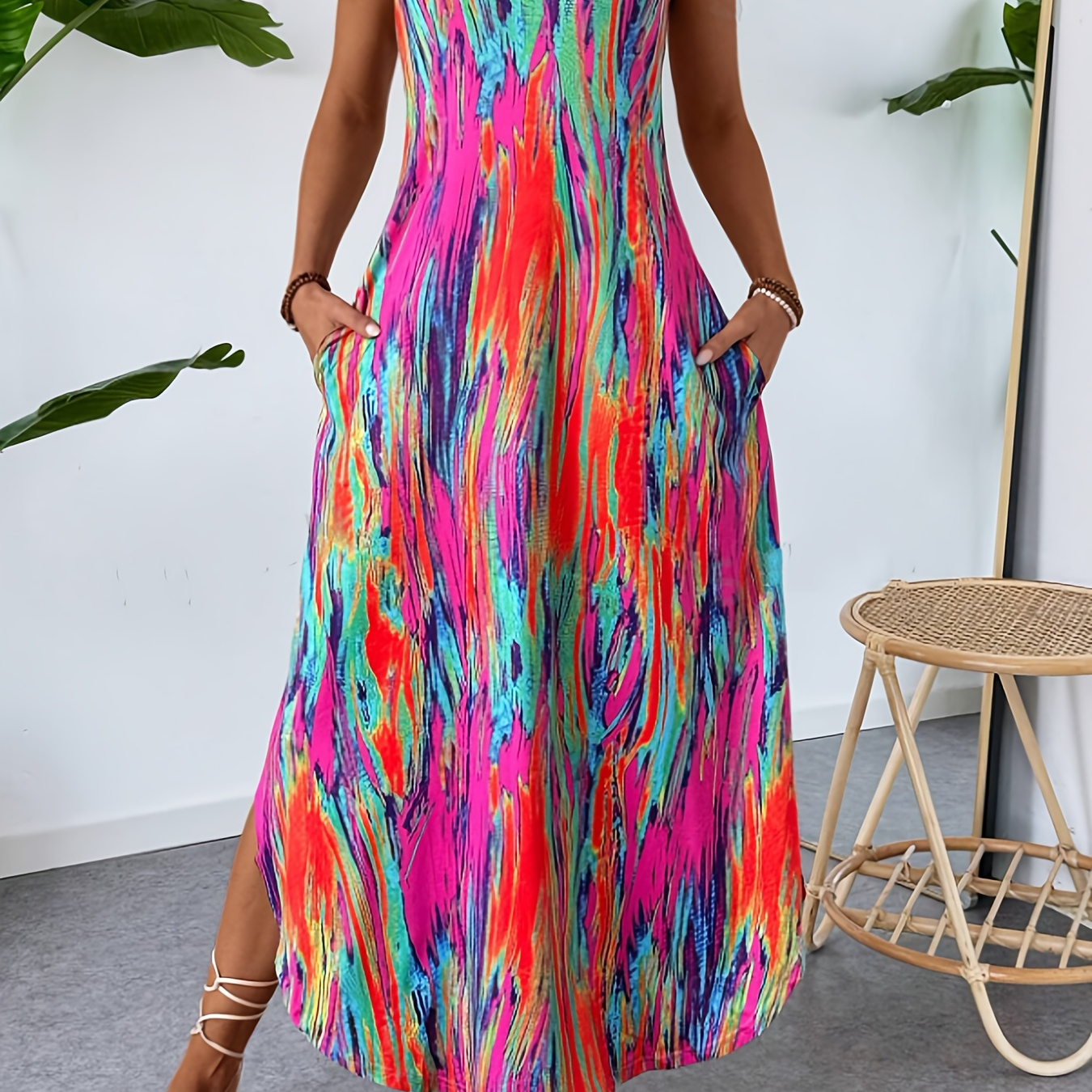 

Tie Dye Dual Pocket Tank Dress, Casual Sleeveless Crew Neck Curved Hem Tank Dress For Spring & Summer, Women's Clothing