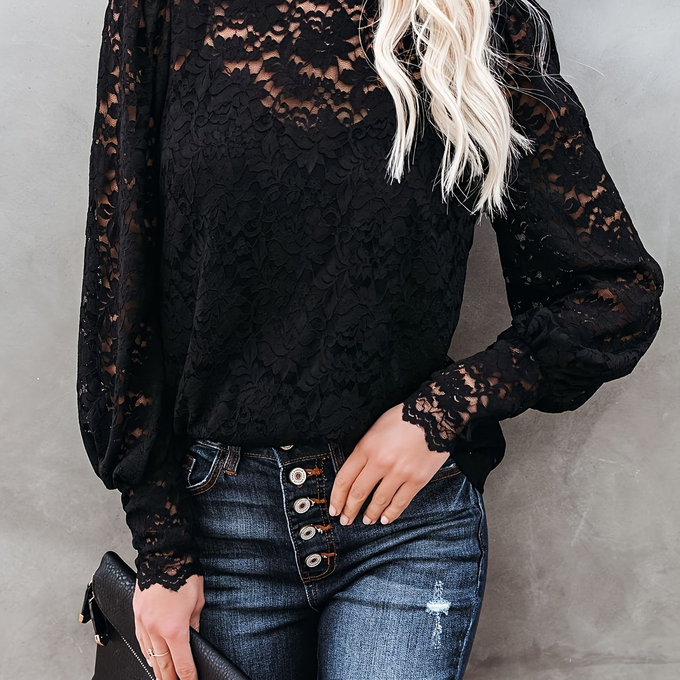 

Floral Pattern Mock Neck T-shirt, Elegant Solid Long Sleeve Semi-sheer Lace Top For Spring & Fall, Women's Clothing