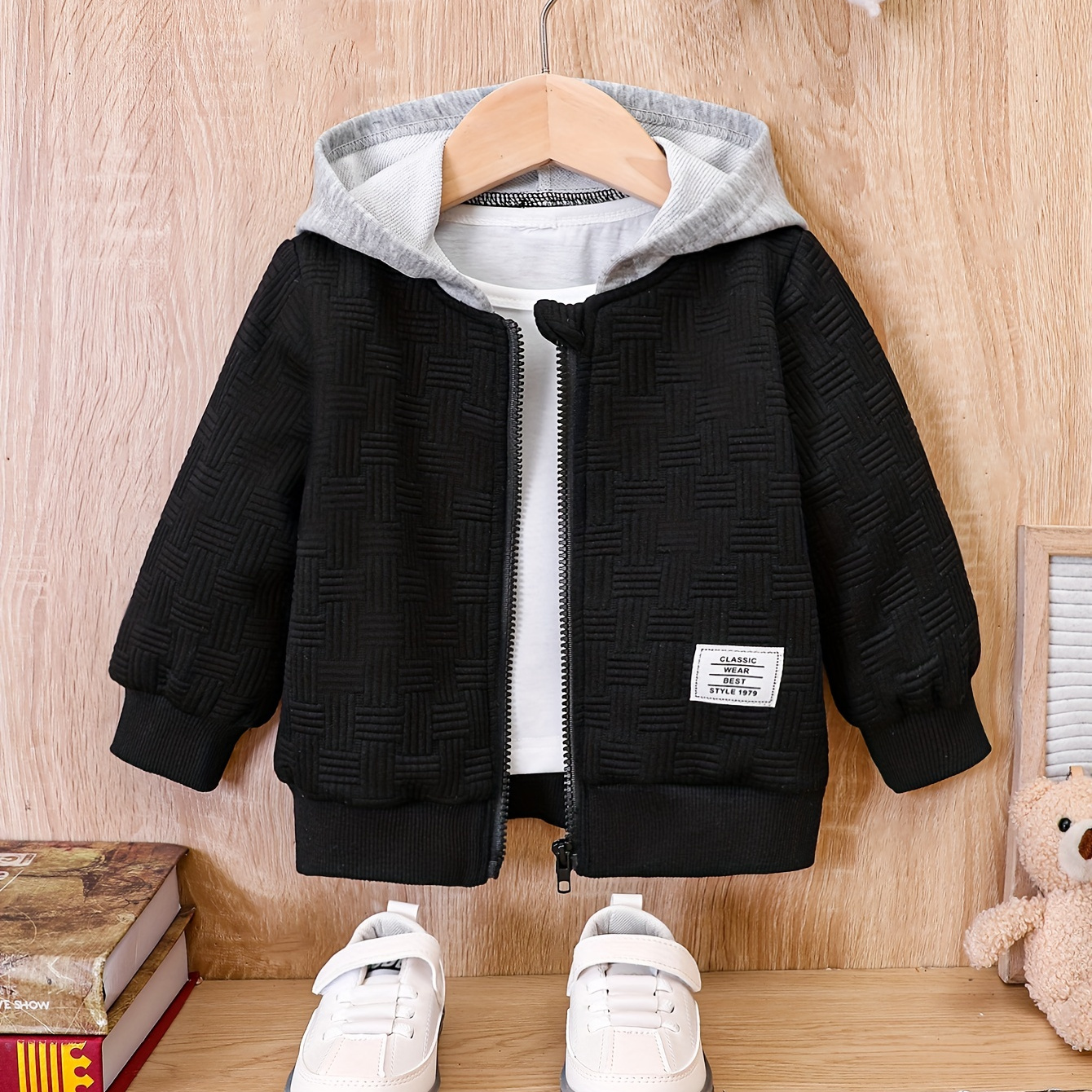 Baby Boys Stylish Patch Hooded Jacket, Kids Zip Up Hoodie Long Sleeve Coat