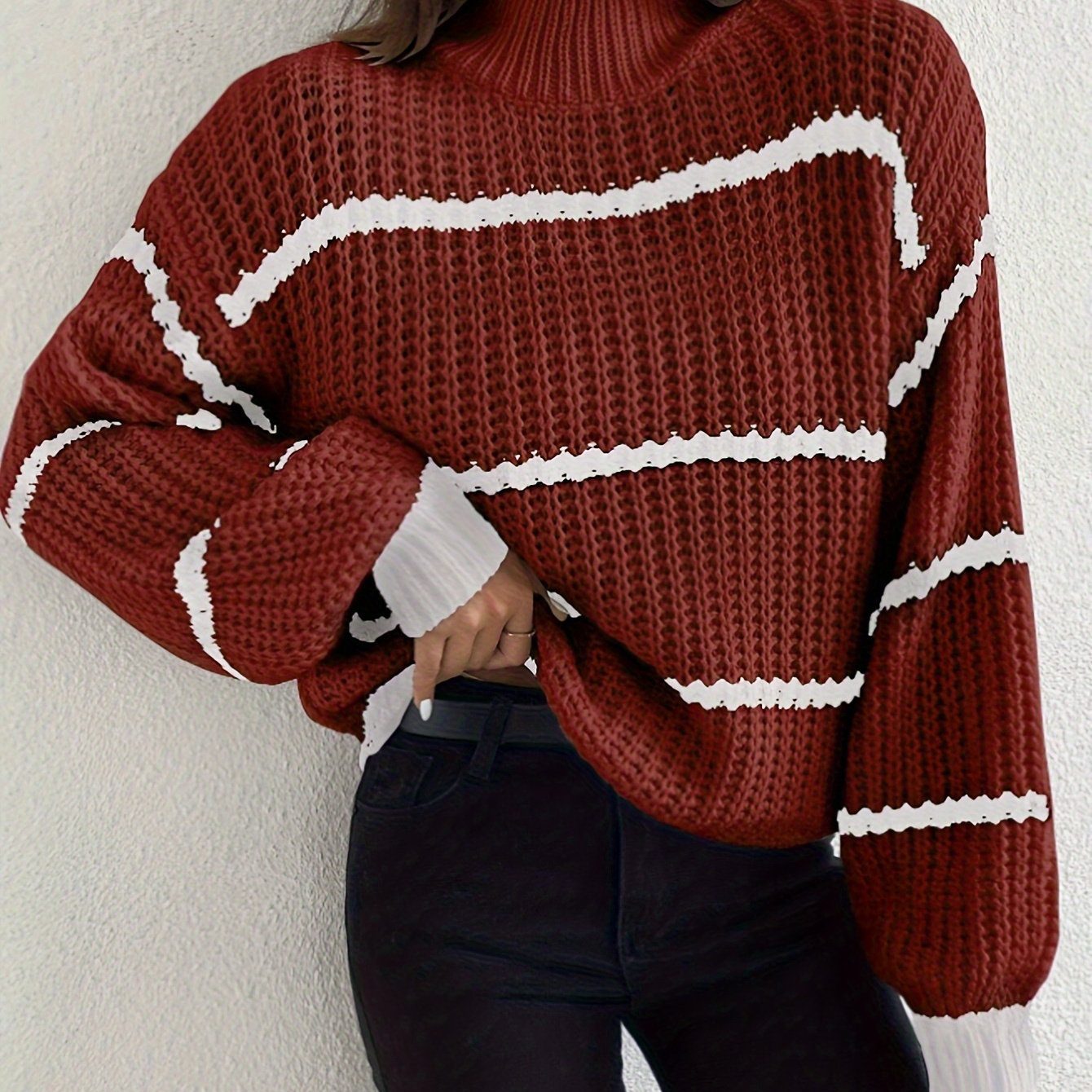 

Striped Crew Neck Knitted Sweater, Casual Long Sleeve Drop Shoulder Pullover Sweater For Fall & Winter, Women's Clothing