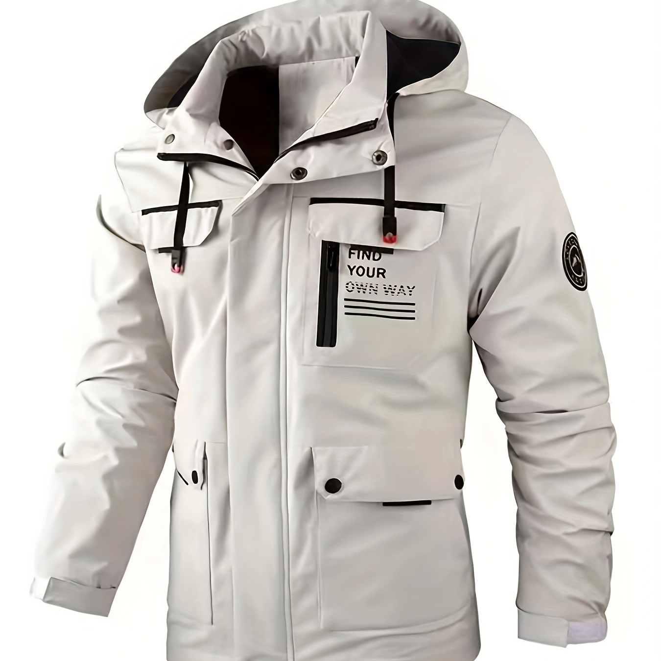 

Plus Size Men's Spring Fall Windbreaker, Loose Zipper Cardigan Hooded Jacket, Outdoor Waterproof Sports Jacket Coat With Multi-pocket