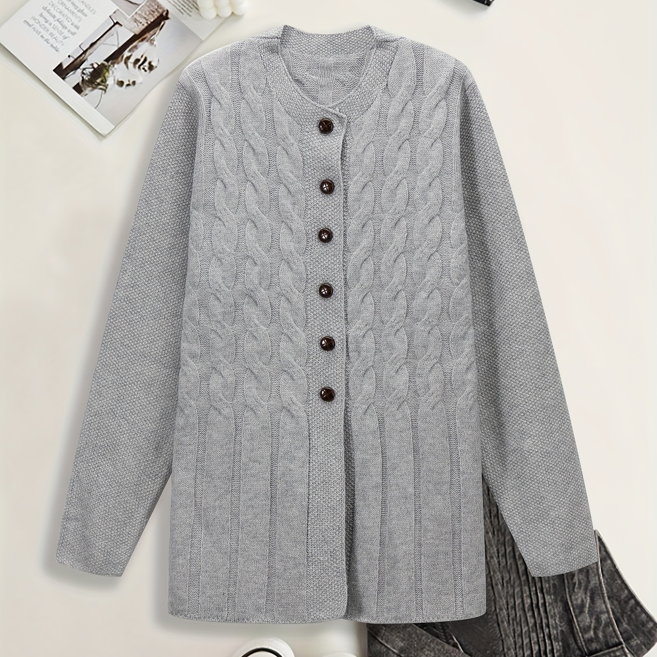 

Elegant Gray Button-up Knit Cardigan - Long Sleeve, Polyester, Round Neck With Decorative Buttons, All , Women's Casual Sweater