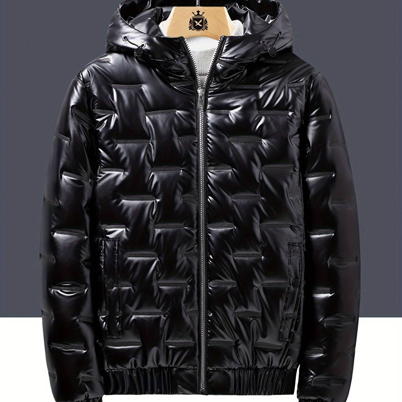 

Men's Sleek Black Hooded Jacket - Warm, Insulated Outdoor Coat With Quilted Design & Ribbed Cuffs For Casual Winter Wear, Winter Coat