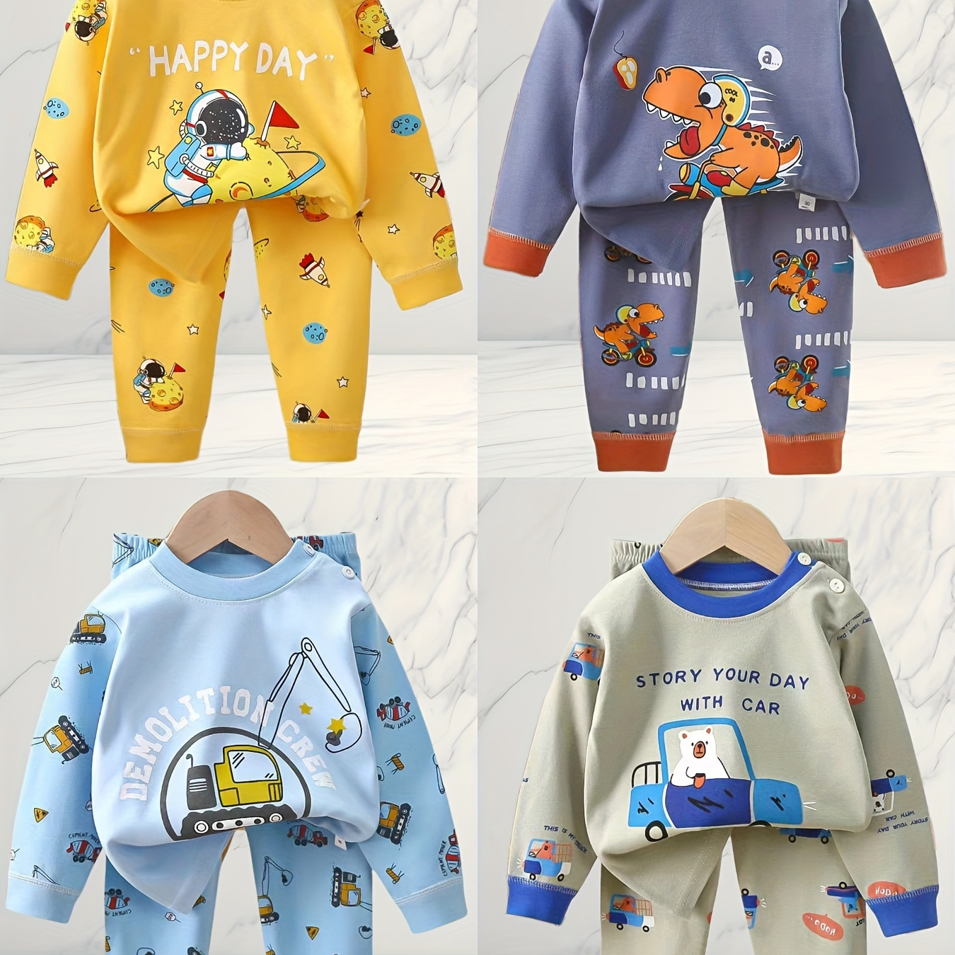 

4 Sets Of 8 Pieces For Boys Fall New Suit Long Sleeve Pants Excavator Dinosaur Pattern Full Print Cotton Comfortable Breathable Spring And Autumn For Children