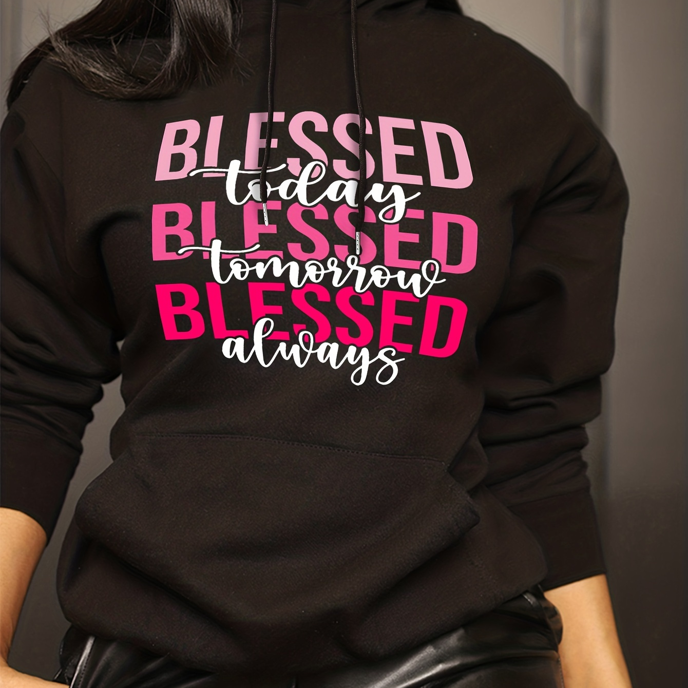 

Blessed Letter Print Drawstring Hoodie, Casual Long Sleeve Kangaroo Pocket Sweatshirt, Women's Clothing