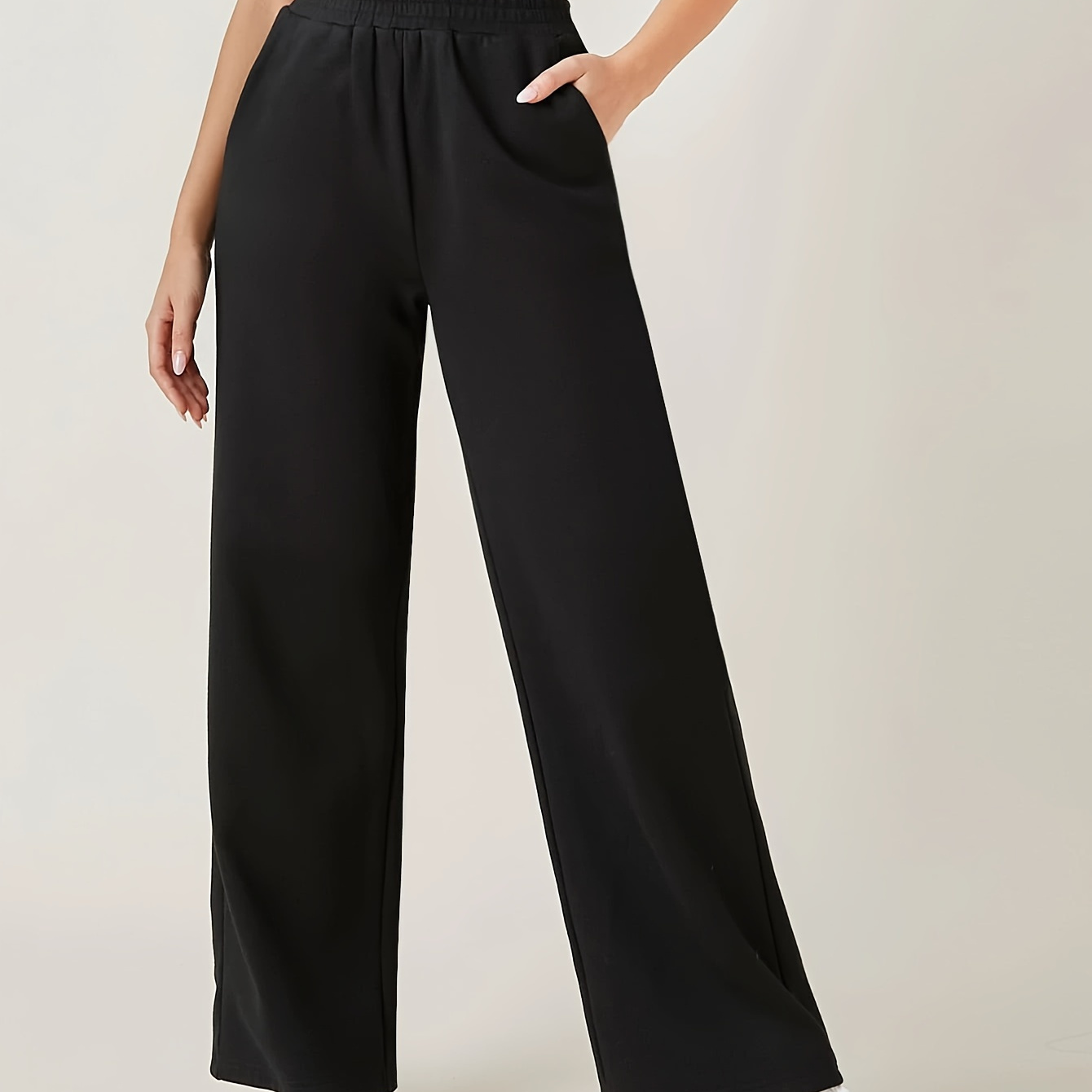 

Solid Color Wide Leg Pants, Casual Elastic Waist Pocket Loose Pants For Spring & Summer, Women's Clothing
