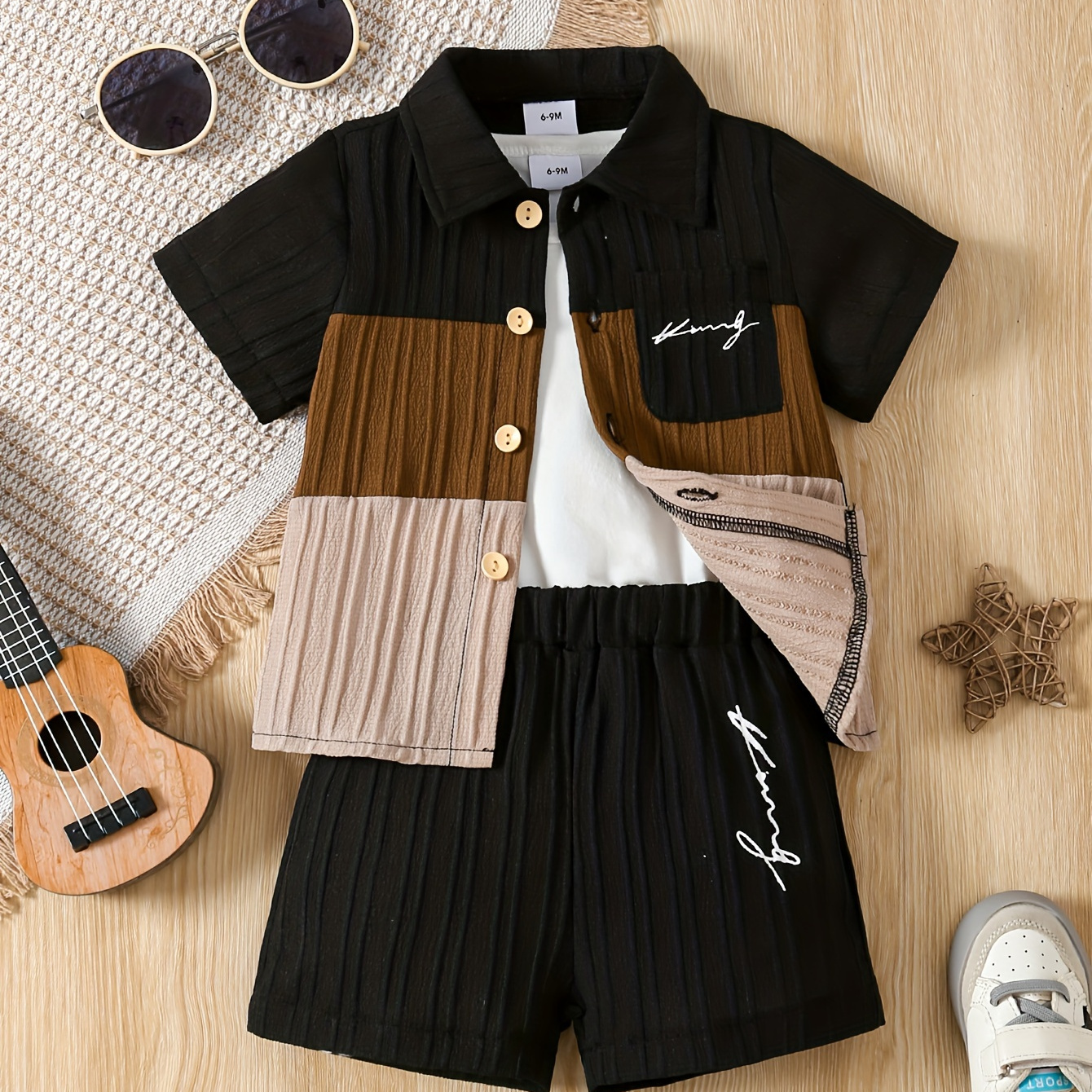 

3pcs Baby Boys' Summer Outfit Set With Color-block Collared Short-sleeve Shirt, Sleeveless Round-neck Vest, And Shorts, Casual Style, Infant/toddler Sizes