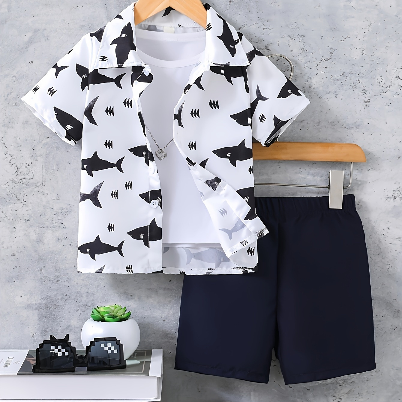 

2pcs Boys Casual Shark Graphic Print Short Sleeve Lapel Shirt & Shorts Set, Comfy Summer Boys Clothing