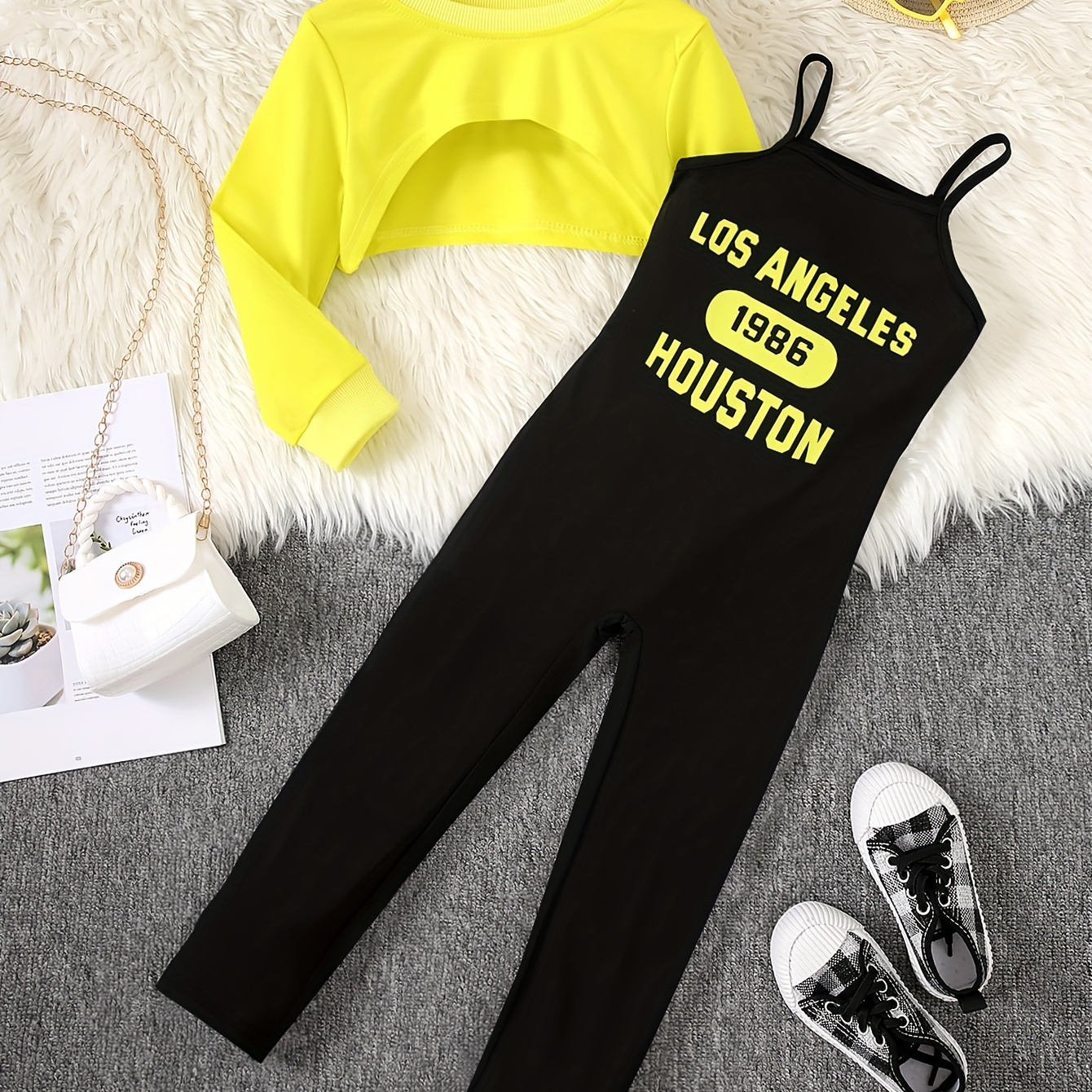 

2 Pcs Chic Letter Cami Jumpsuit + Long Sleeve Crop Tee Set, Casual Going Out Girl's Clothes, Gift