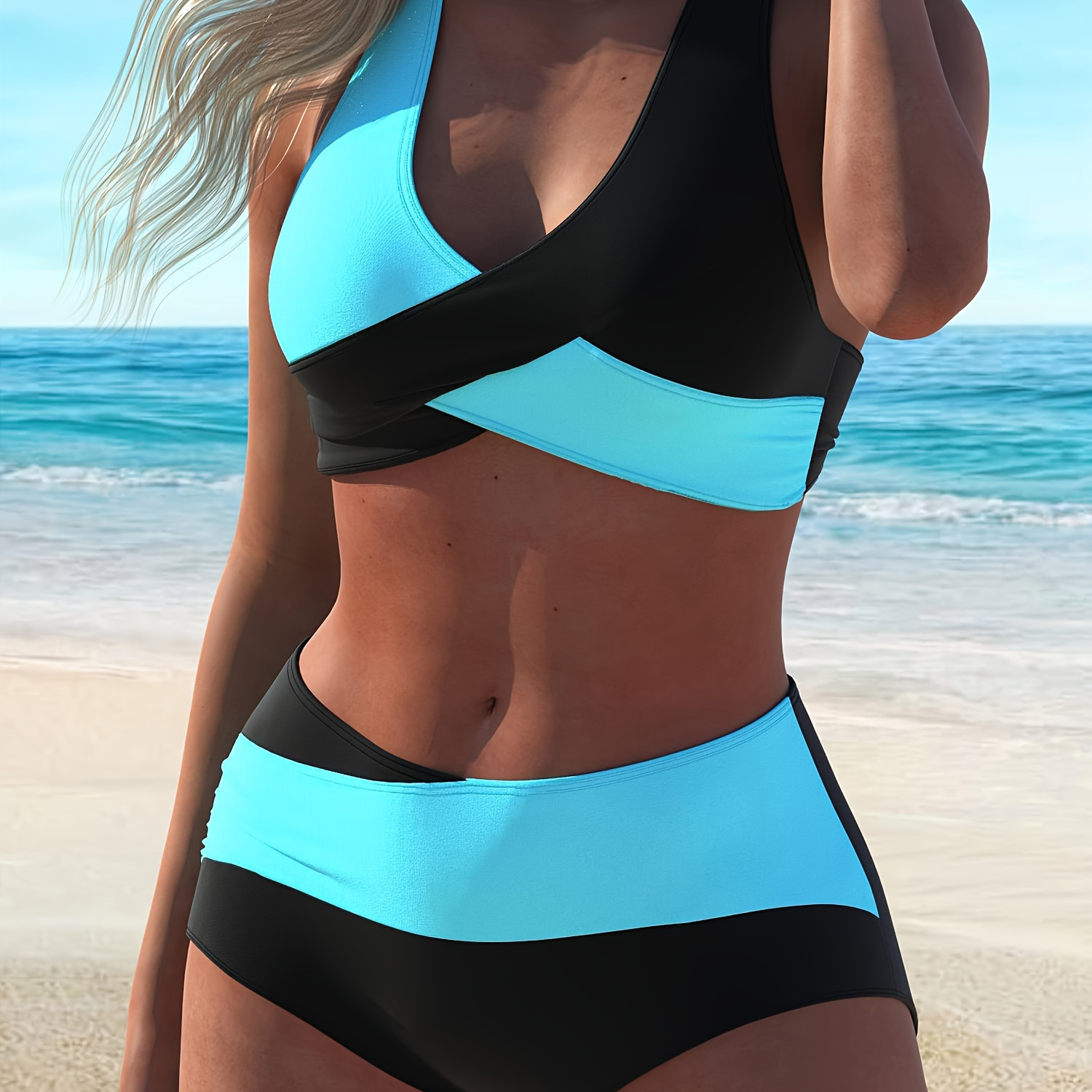 

Color Block Criss Cross Backless 2 Piece Set Bikini, Halter Tie Neck Stretchy Swimsuits, Women's Swimwear & Clothing