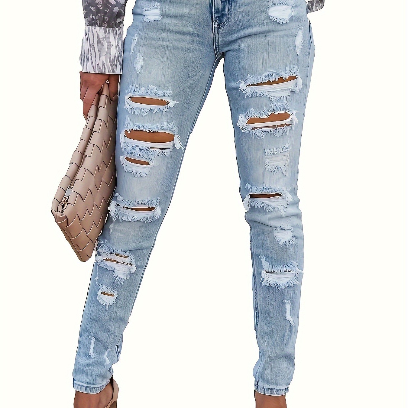 

Ripped Holes Washed Skinny Jeans, Slant Pockets Stretchy Denim Trousers, Women's Denim Jeans & Clothing
