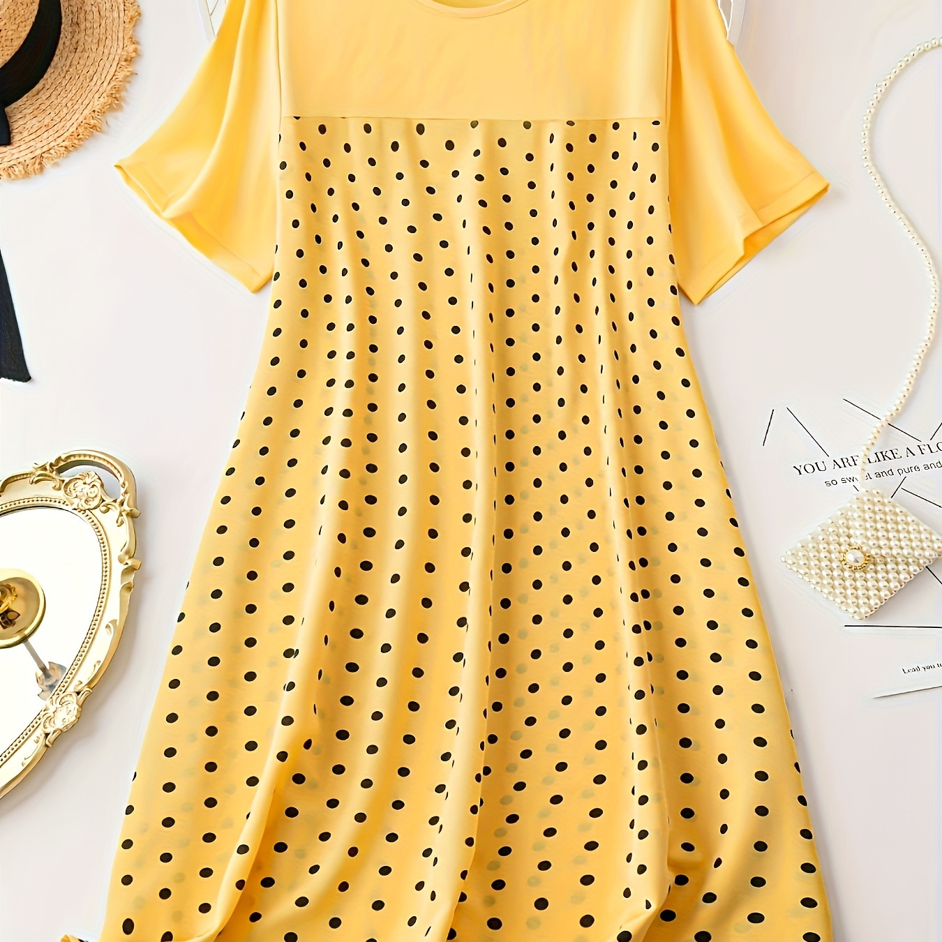 

Plus Size Polka Dot Print Dress, Casual Crew Neck Short Sleeve Dress, Women's Plus Size Clothing
