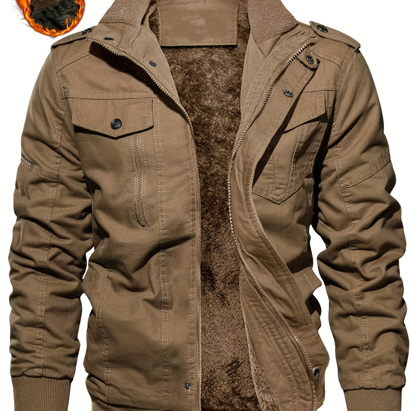 

Men' Color Fleece Lining Warm Jacket, Casual Stylish Multi-pocket Coat Winter Outdoor Clothes