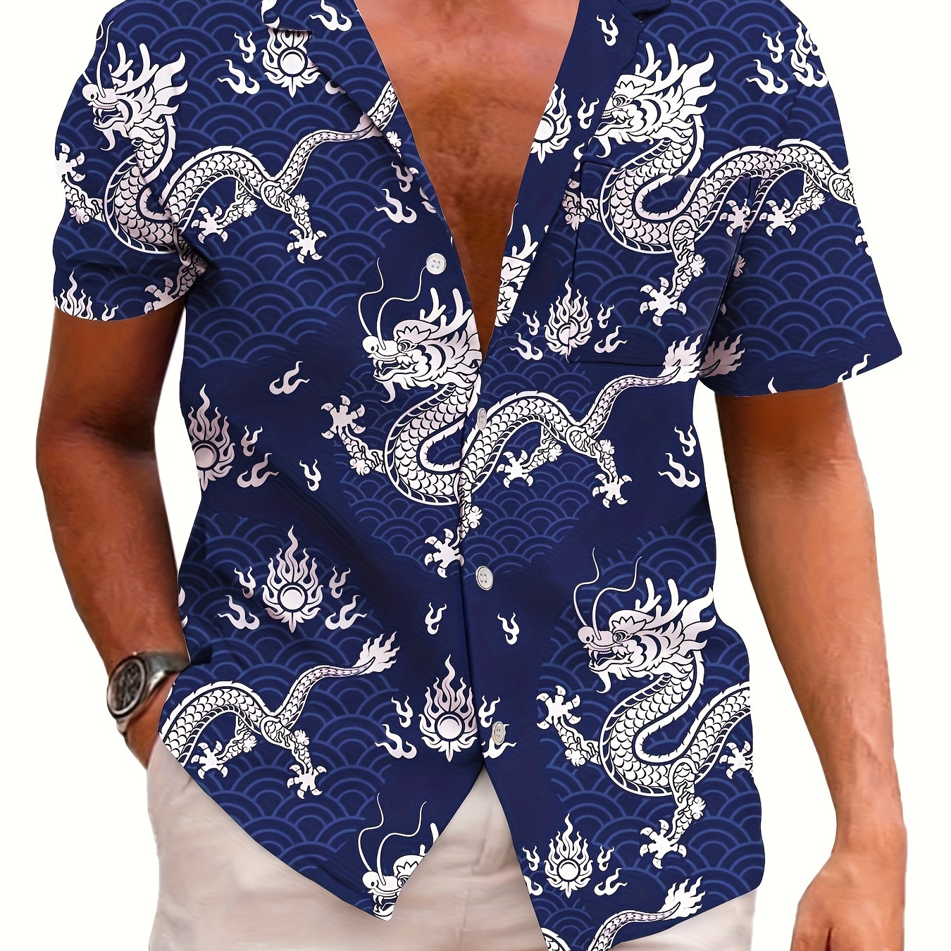 

Dragon Pattern Men's Fashionable And Simple Short Sleeve Button Casual Lapel Shirt, Trendy And Versatile, Suitable For Summer Dates, Beach Holiday, As Gifts, Men's Clothing