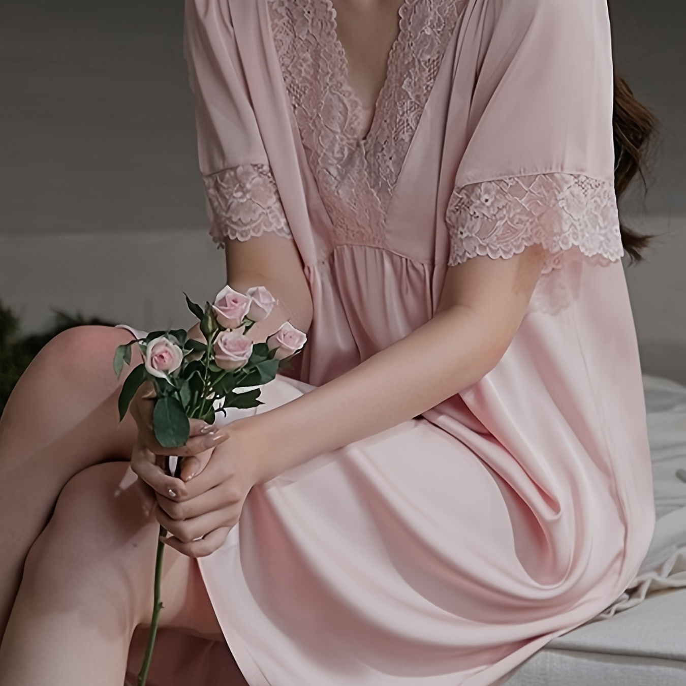 

Women's Elegant Solid Satin Lace Trim Sleepwear Dress, Short Sleeve V Neck Loose Fit Dress, Comfortable Nightgown