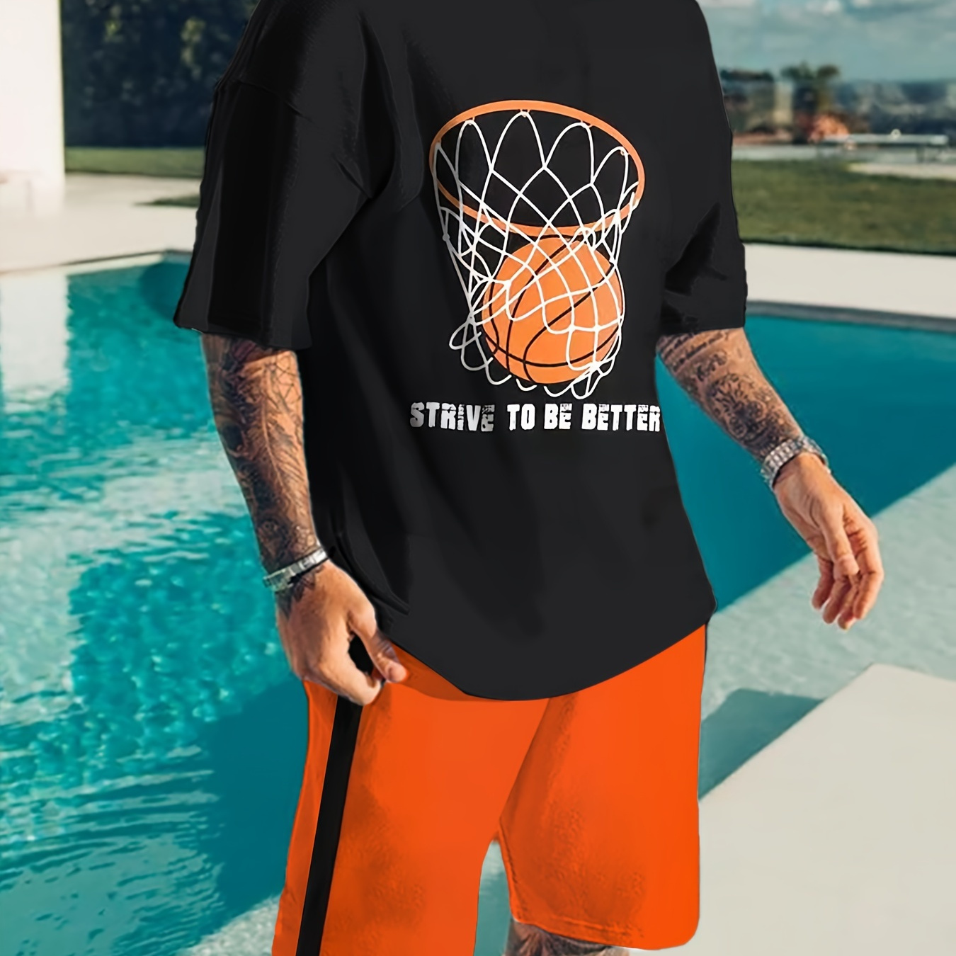 

2-piece Men's Summer Leisure Outfit Set, Men's Basketball Pattern Short Sleeve Crew Neck T-shirt & Striped Shorts Co Ord Set