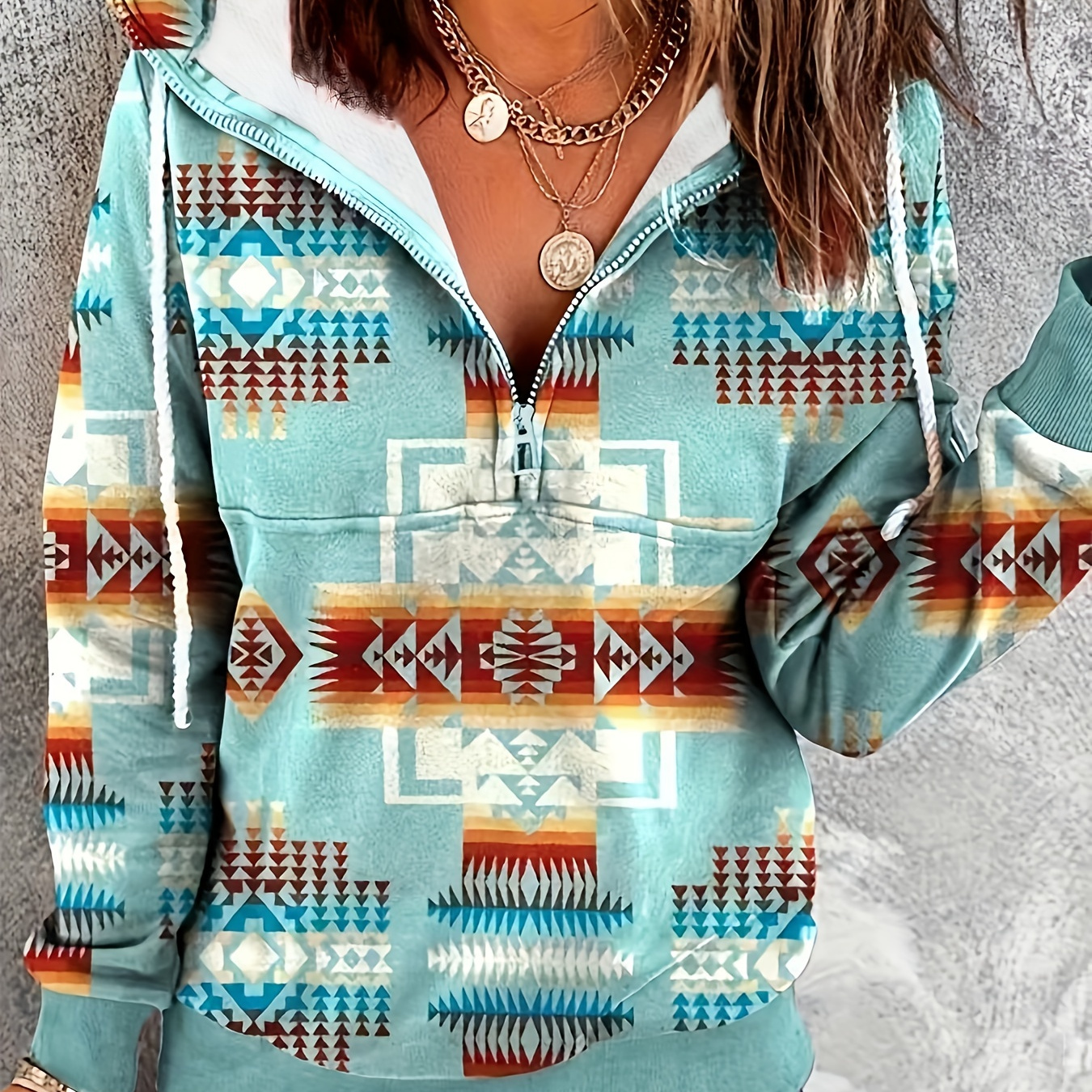 Women's Casual Aztec Geometric Zipper Collar Pullover Sweatshirt,Womens  Half Zip Sweatshirt Casual Aztec Print Long Sleeve Pullover Top