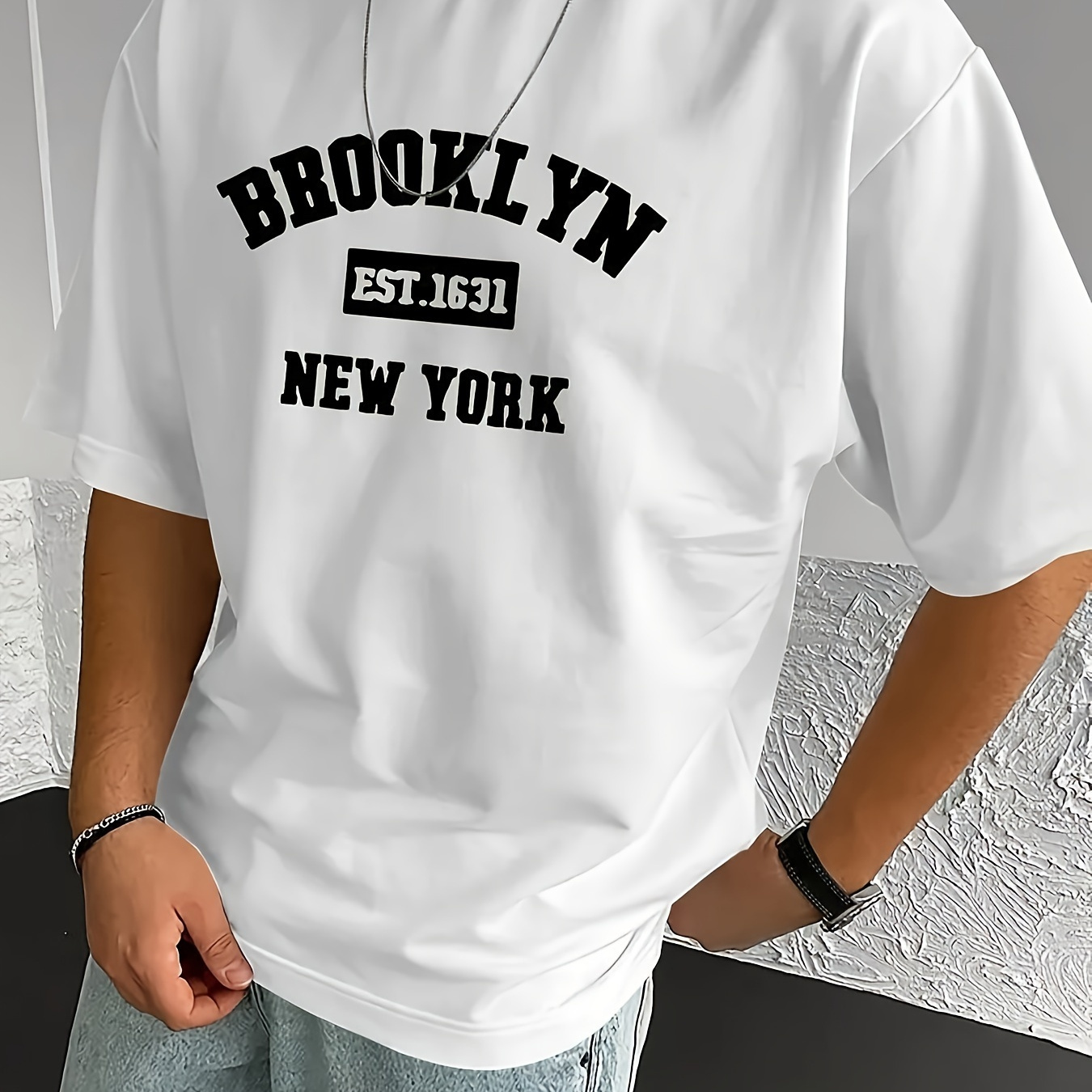 

Men's Plus Size Crew Neck T-shirt With 'brooklyn' Print, Athleisure Sporty Style, Short Sleeve Top