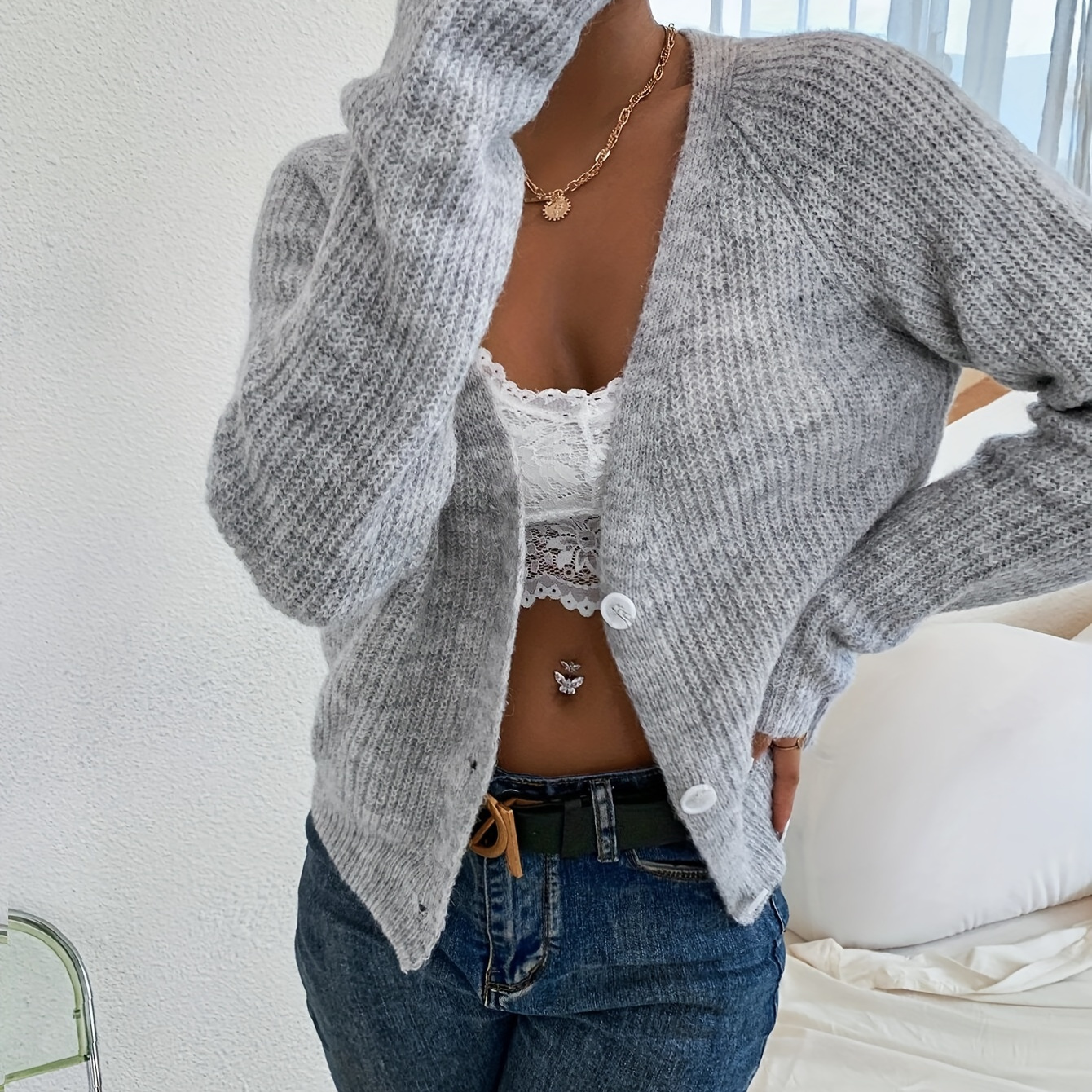 

Button Front Long Sleeve Solid Cardigan, Casual V Neck Knitted Cardigan For Spring & Fall, Women's Clothing