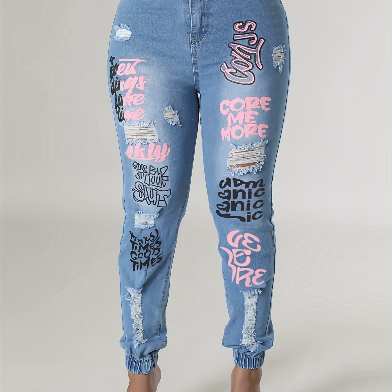 

Plus Size Casual Jeans, Women's Plus Graffiti Print Ripped Button Fly High Slight Stretch Jogger Jeans