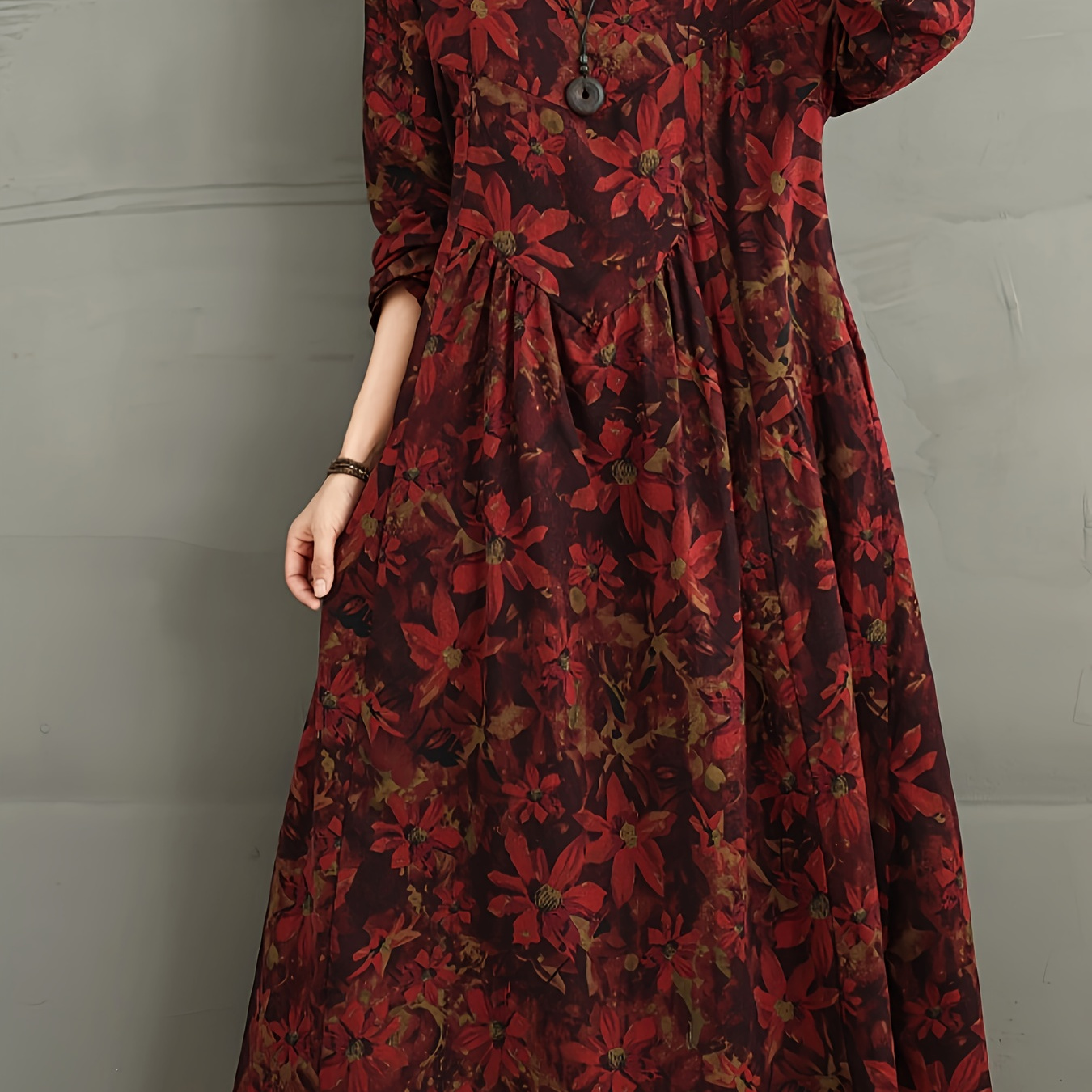 

Women' Floral Print Lounge Dress, Long Sleeve Round Neck Loose Fit Maxi Dress, Comfortable For Fall