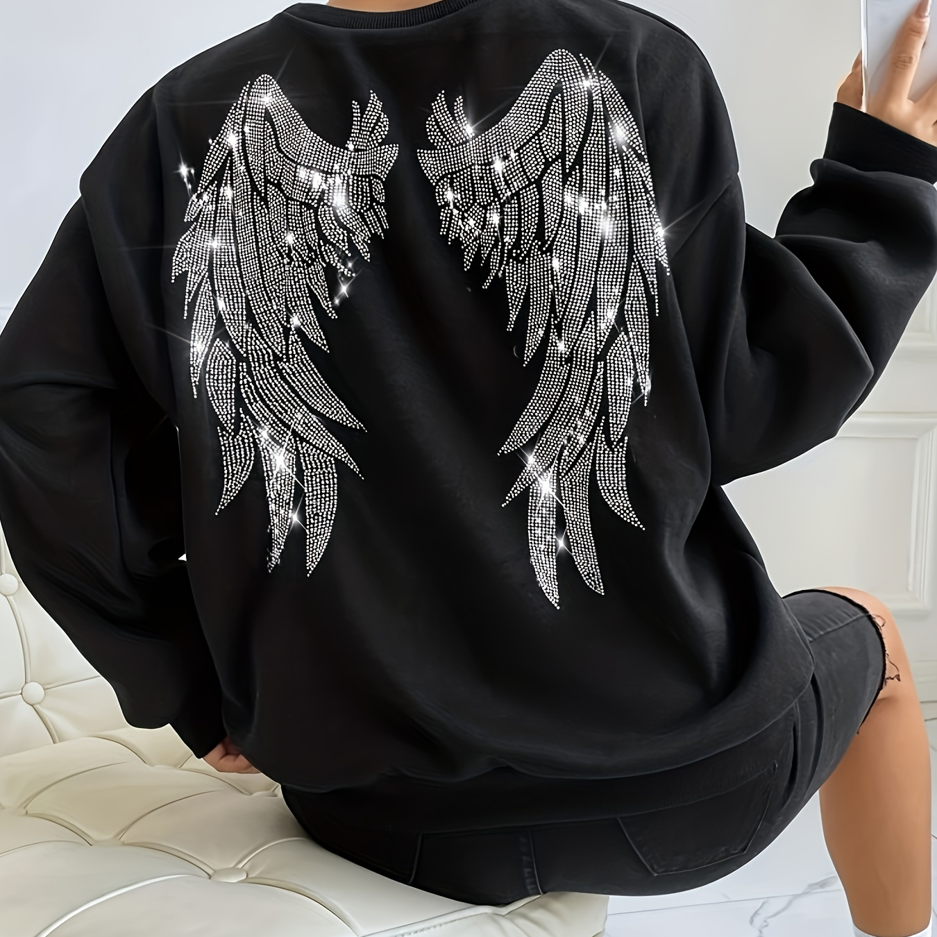 

Plus Size Casual Sweatshirt, Women's Plus Rhinestone Wings Long Sleeve Round Neck Sweatshirt