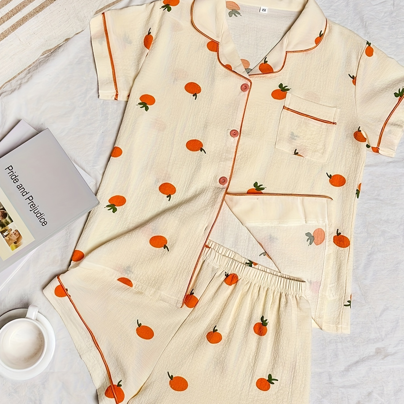 

Casual Orange Print Pajama Set, Short Sleeve Button Up Lapel Collar Top & Elastic Shorts, Women's Sleepwear & Loungewear