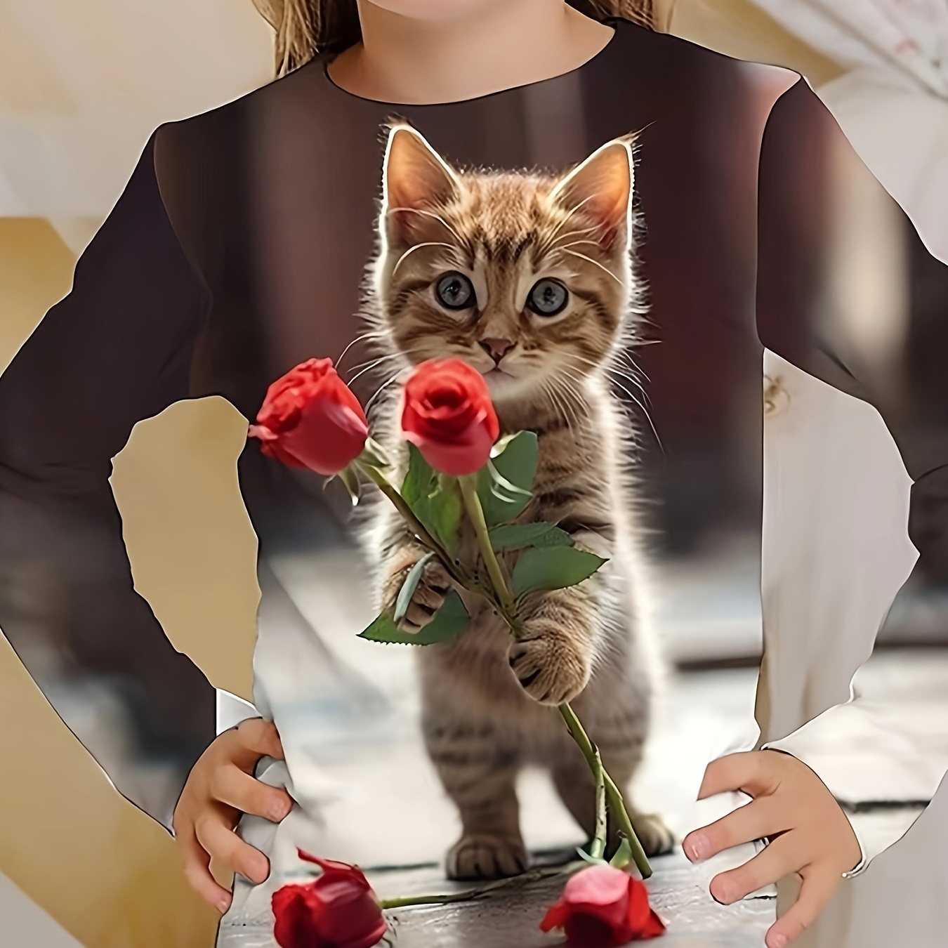 

Cartoon Kitty & Rose Flower Graphic Long Sleeve T-shirt For Girls Spring Fall Sports Gift