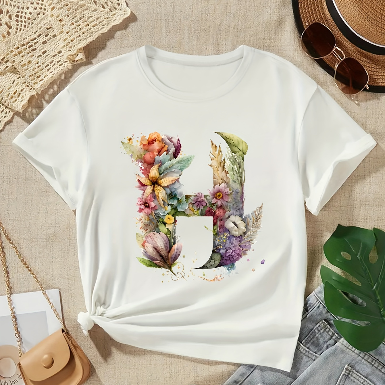 

Letter-h Print Creative T-shirts, Soft & Elastic Comfy Crew Neck Short Sleeve Tee, Girls' Daily Wear Top