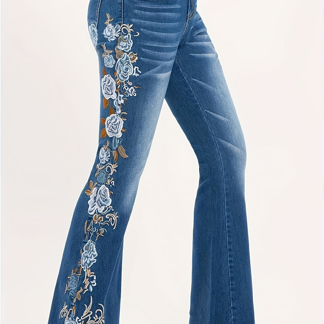 

Plus Size Casual Jeans, Women's Plus Floral Embroidery Button Fly High Rise High Stretch Flared Leg Jeans