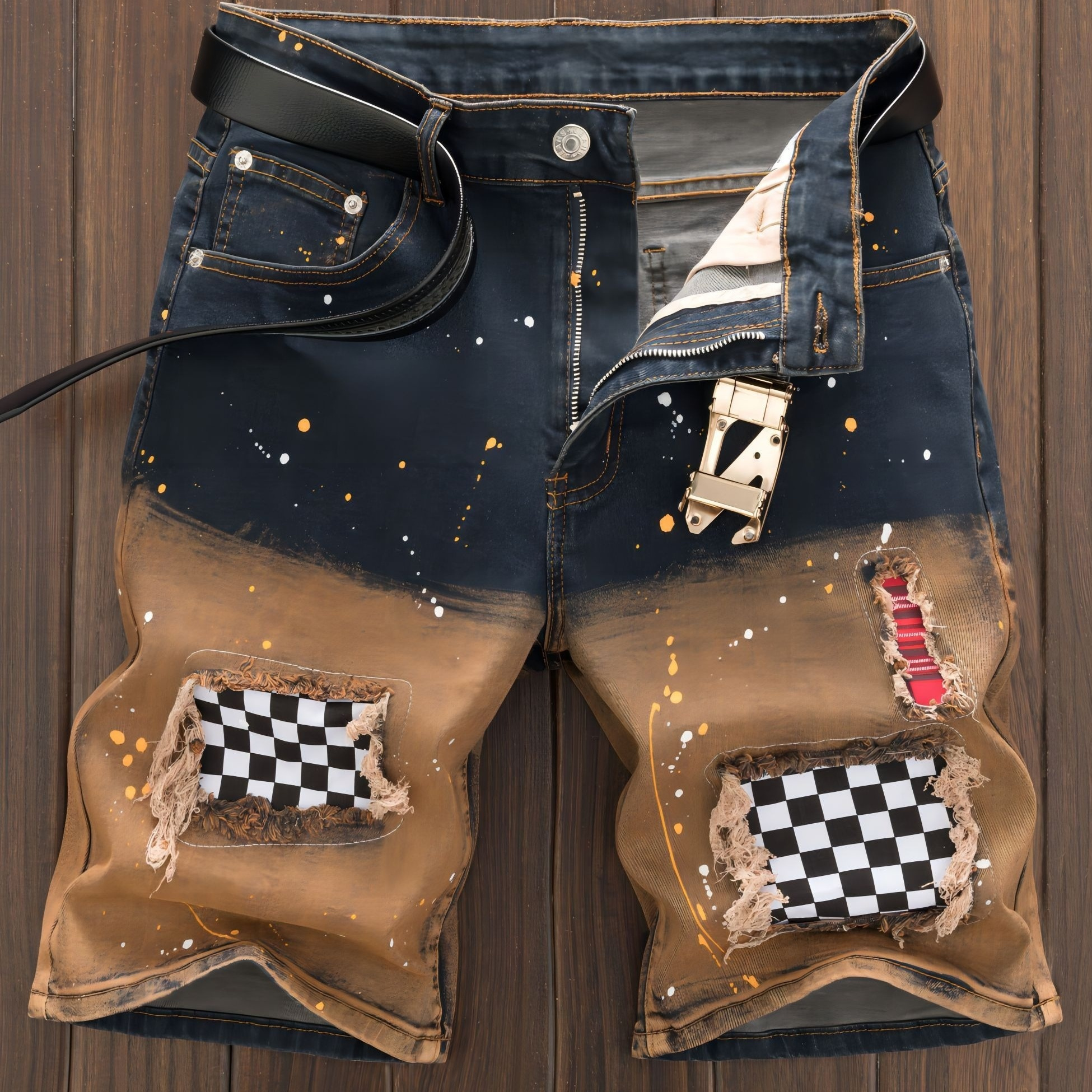 

Men's Trendy Hip-hop Style Denim Shorts With Ripped Detail, Stretch Mid-waist, Embroidery - Nightclub & Bar, Jean Shorts